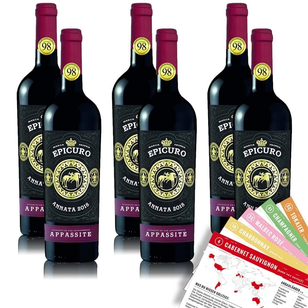 Epicuro Appassite Rosso Puglia IGP, trocken, sortenreines Weinpaket + VINOX Winecards (6x0,75l)