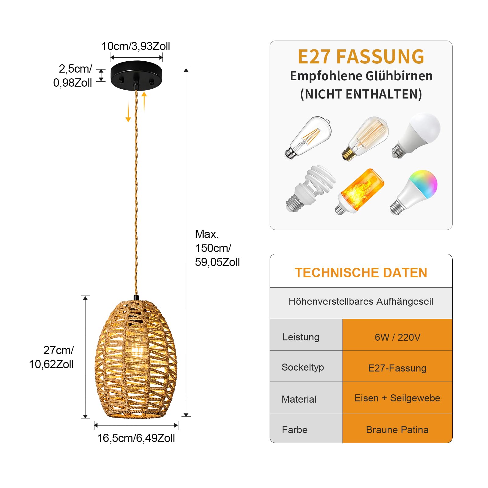 ZPBSJ Brown Rattan Pendant Light Kitchen Island Chandelier Height Adjustable Boho Lamp E27 Basket Lamp for Farmhouse Living Room (1Pack) - Image 4