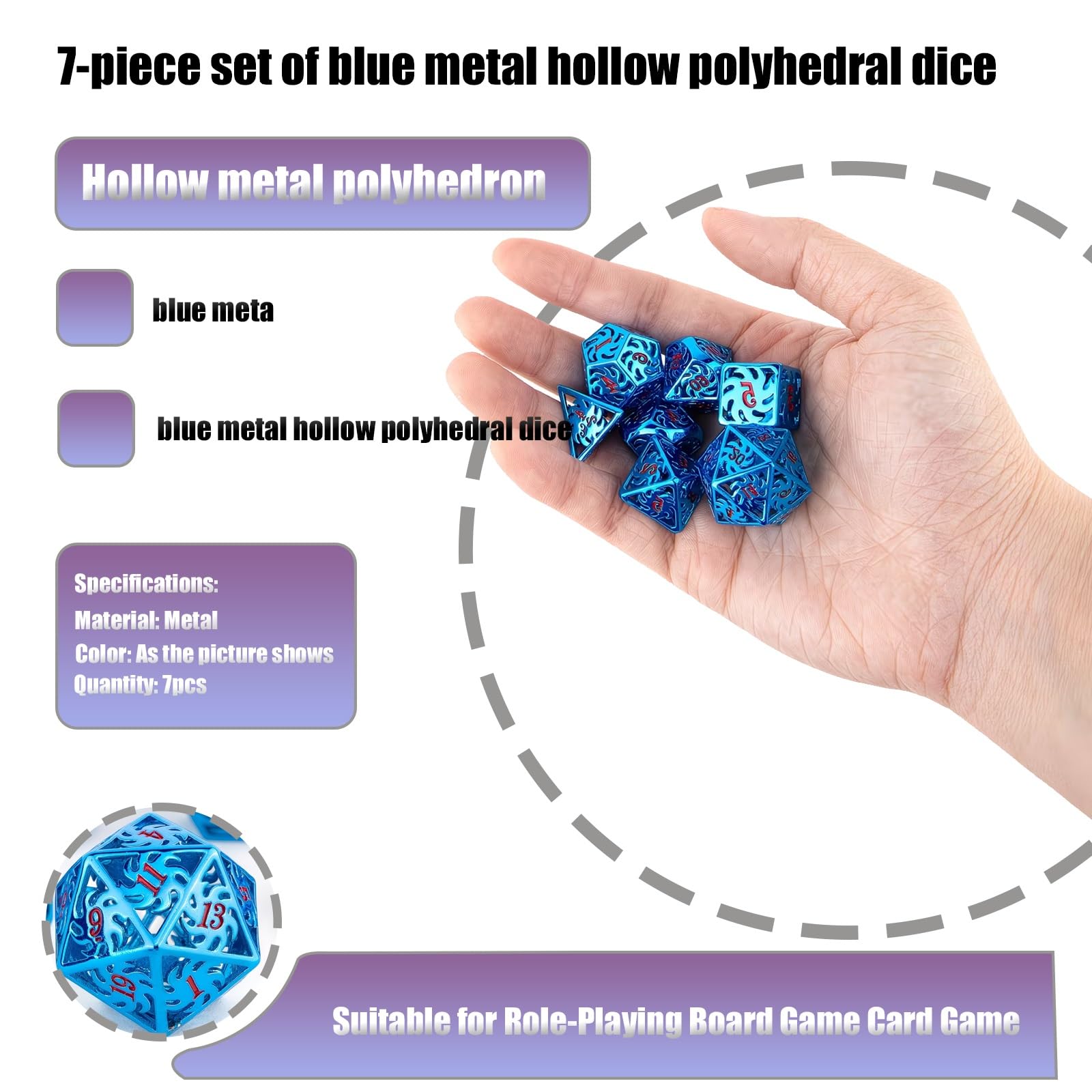 Ensemble de 7 Dés Polyédriques Creux en Métal Bleu, Compatibles avec Les Jeux de Rôle, Les Jeux de Société et Les Jeux de Cartes