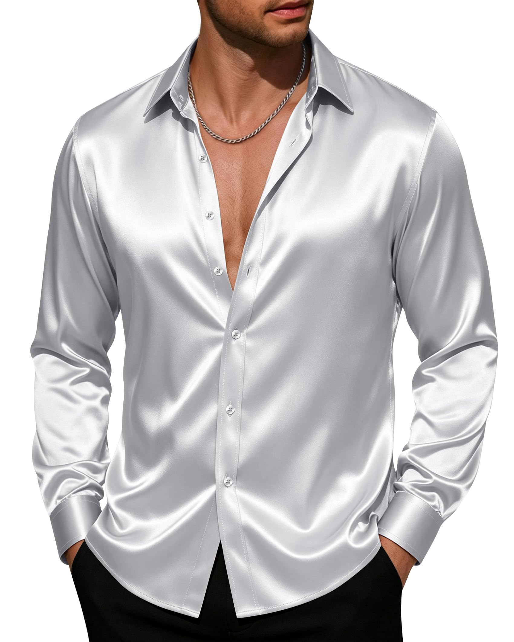 J.VER Men's Silk Satin Long Sleeve Dress Shirts Shiny Casual Button Down Shirt Luxury Party Prom Shirts, Silver Blue, XXL
