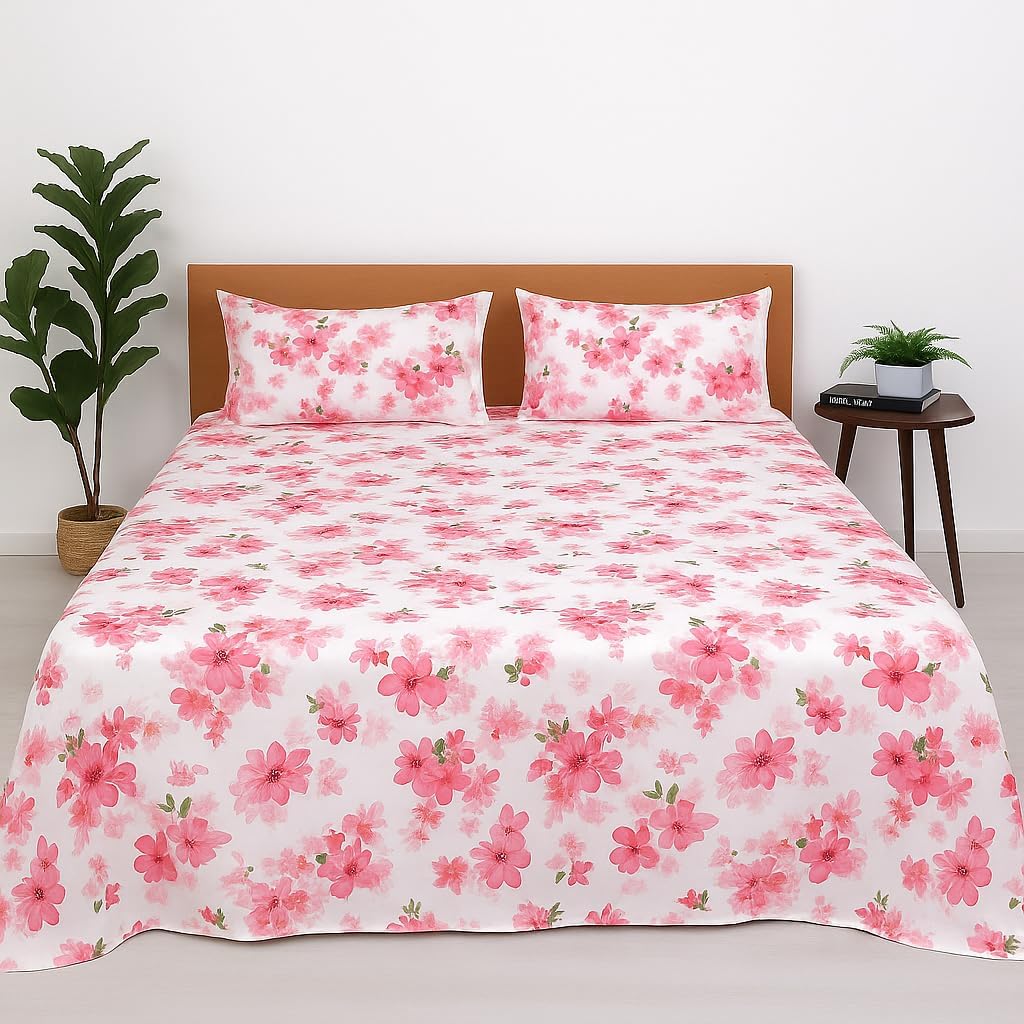 Double Bed Bedsheet 102x108 Inch - Microfiber Printed Floral Pink Design with Pillow Cover | Ultra Soft & Durable