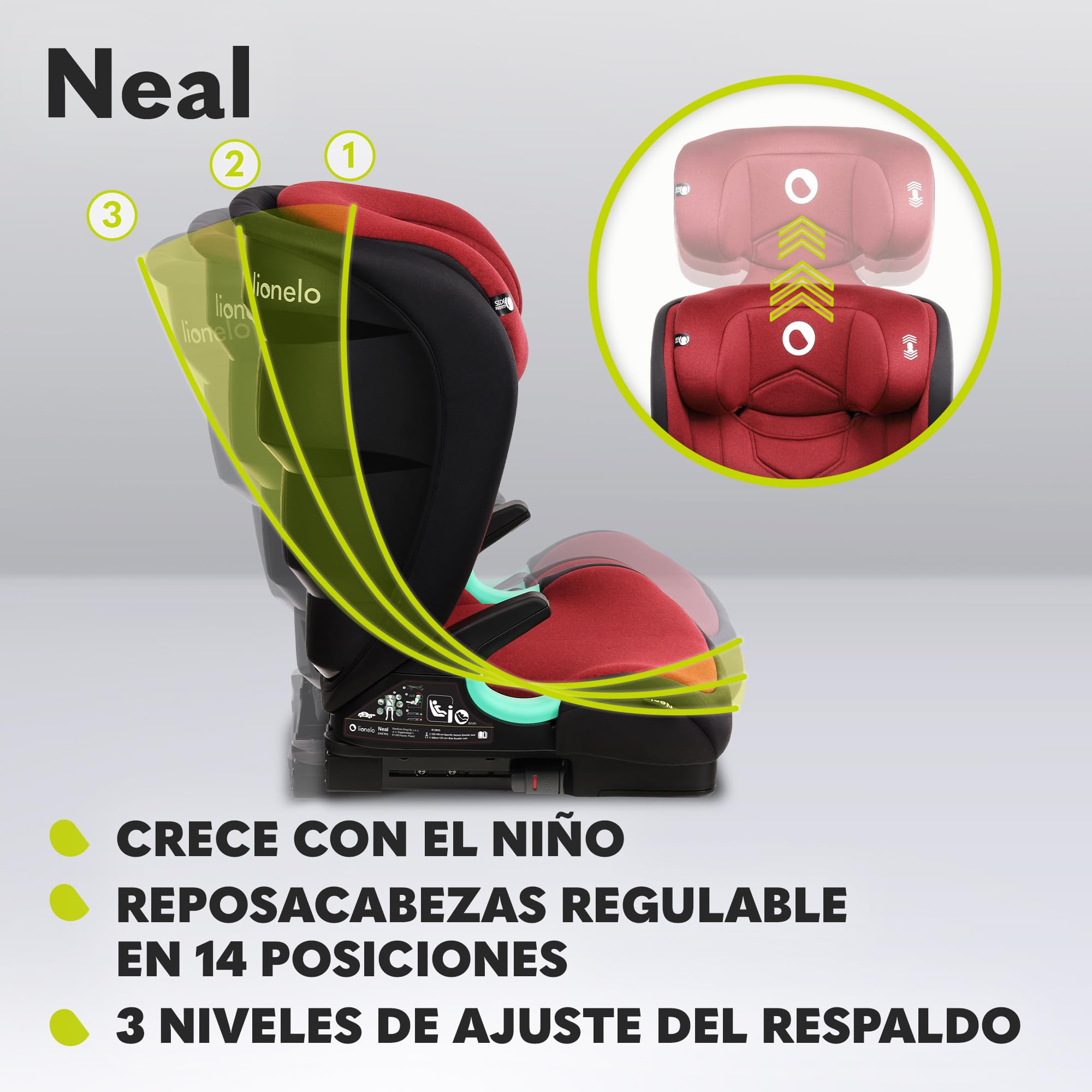 LIONELO Neal silla coche 15-36 kg grupo 2 3 Isofix i-Size protección lateral respaldo ajustable en 3-posiciones altura del reposacabezas ajustable sistema de ventilación