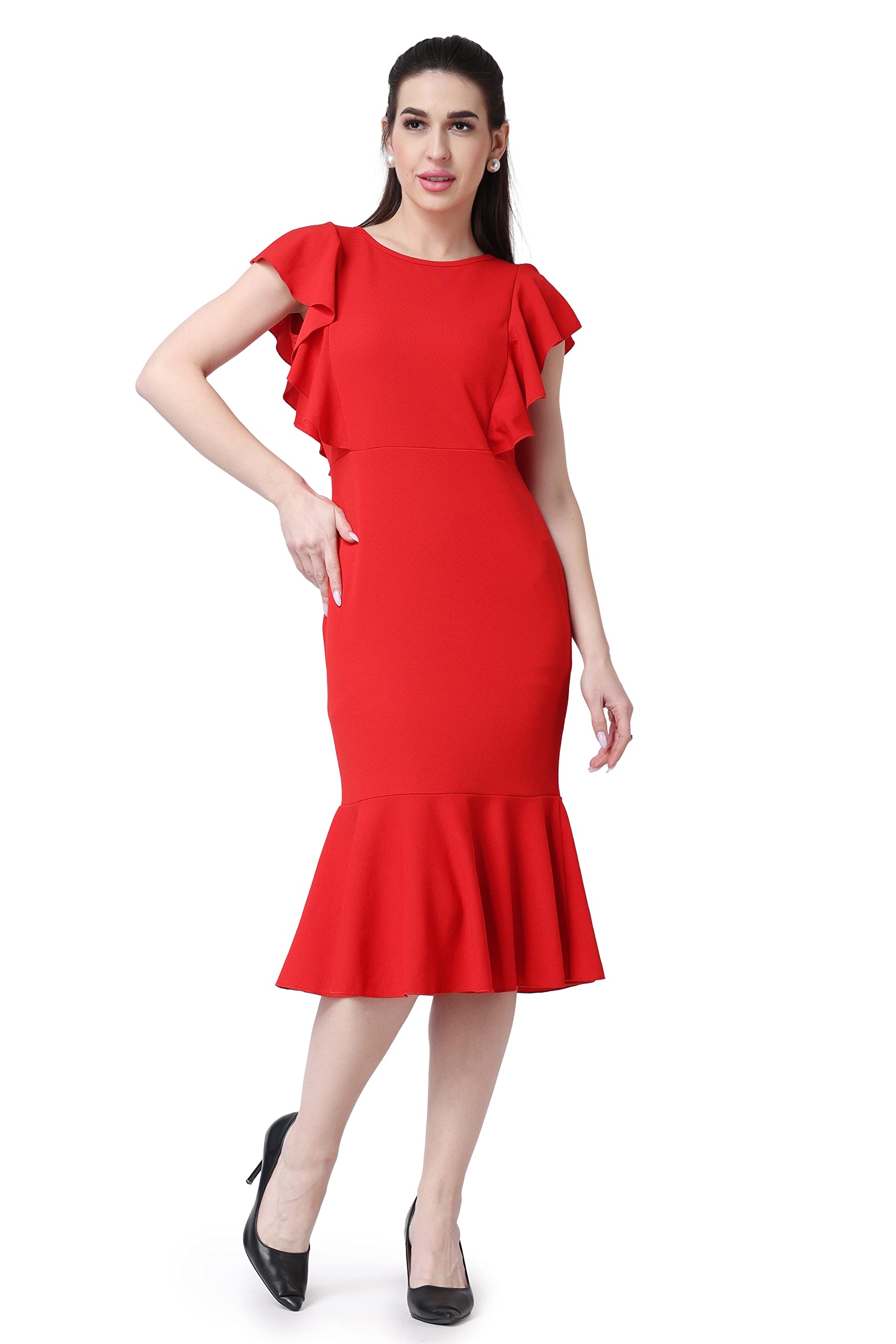 Popwings Casual Solid Ruffle Shoulder Bodycon Dress For Women || Summer Dress For Women || Fit And Flare Dress For Women || Round-Neck Midi Length Women Dress Red
