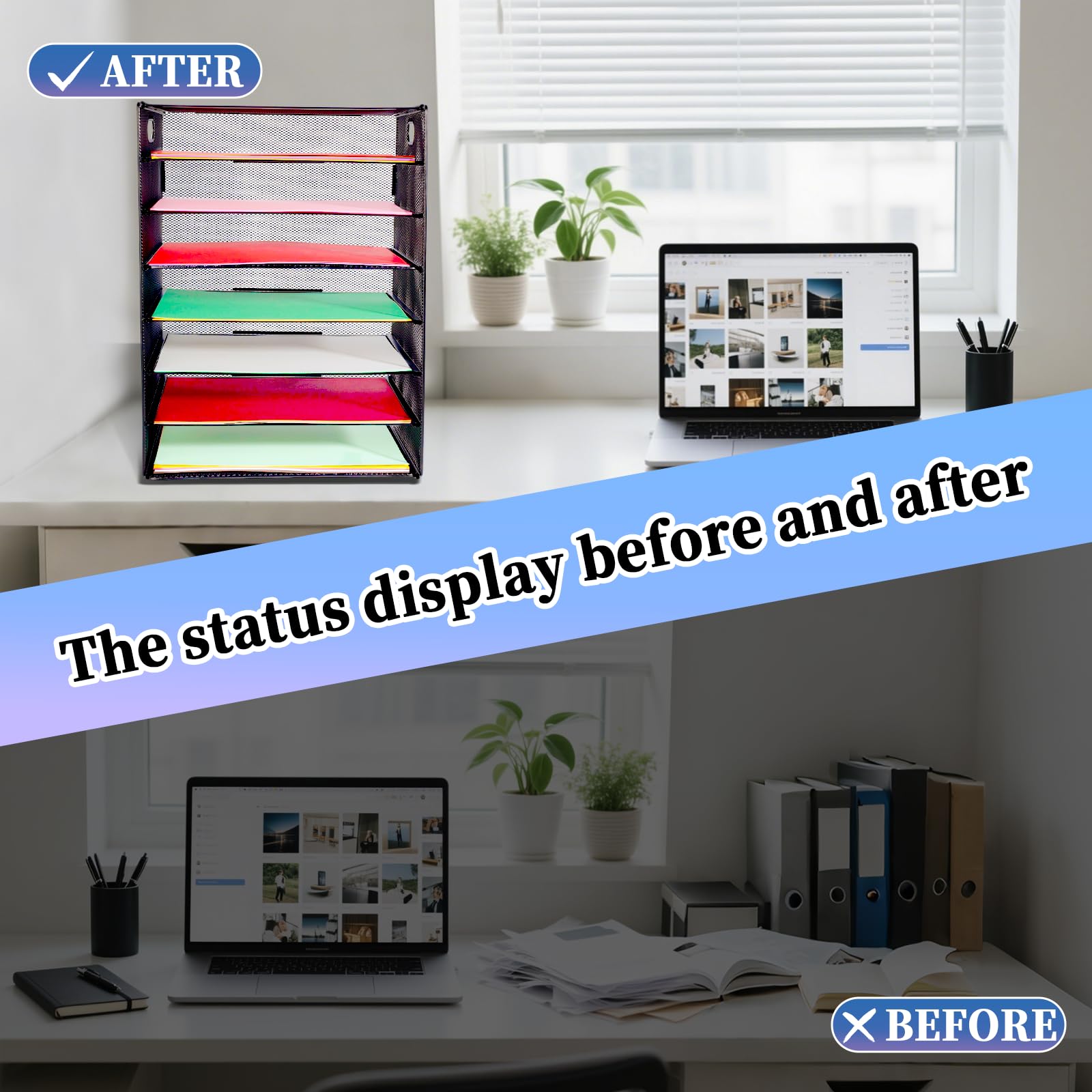 HMXLJJY 7 Tier Office Desk A4 Paper Letter Organiser Tray with Handle,Mesh Desk Organiser Letter Tray,Desktop Filing Document Trays Holders,File Storage Rack for A4 File Folder - Image 4