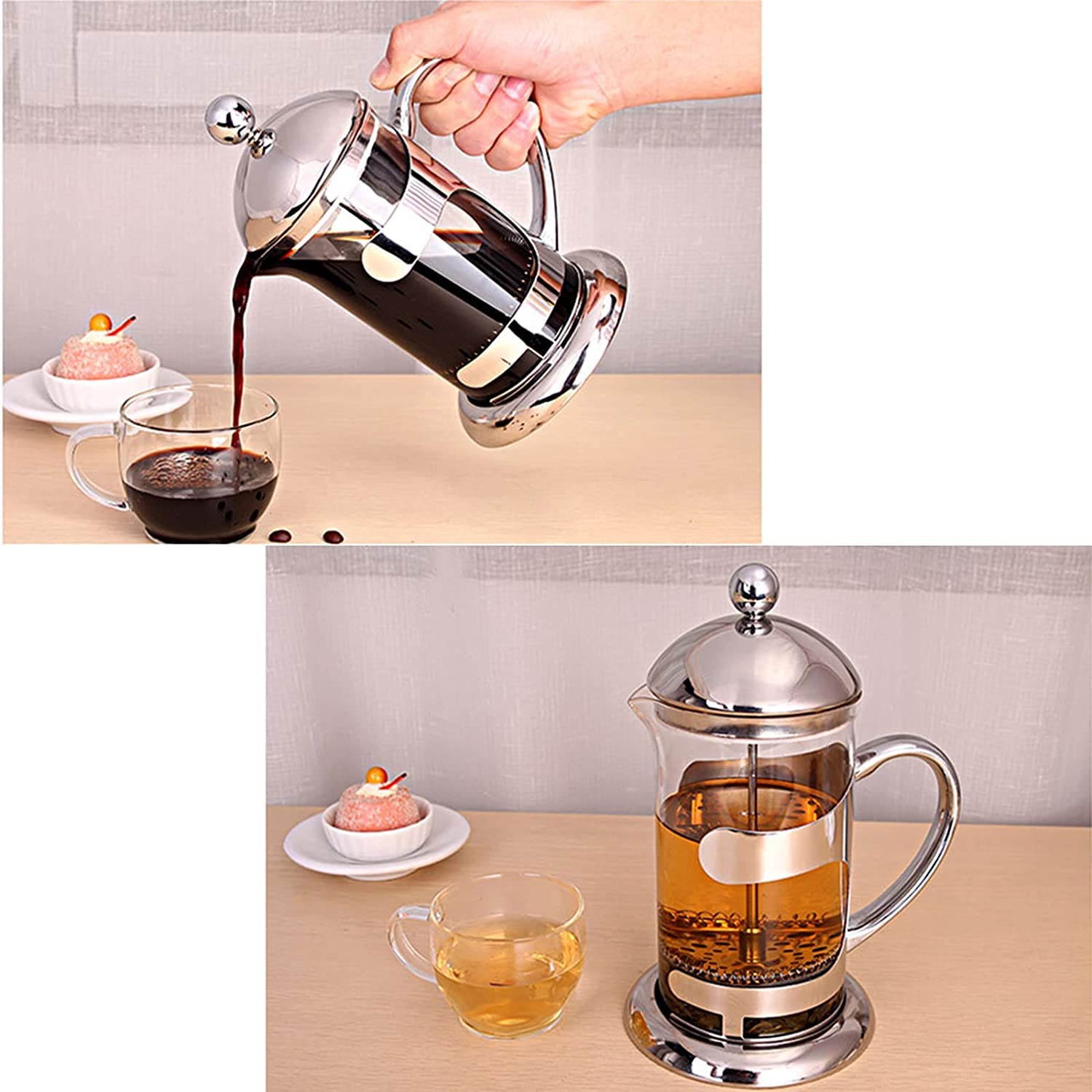 RWRAPS Cafetera de Prensa Francesa con Filtro de 3 Niveles, prensador de café de Acero Inoxidable de borosilicato Resistente al Calor, cafetera y Tetera, 600 ml (300 ml)