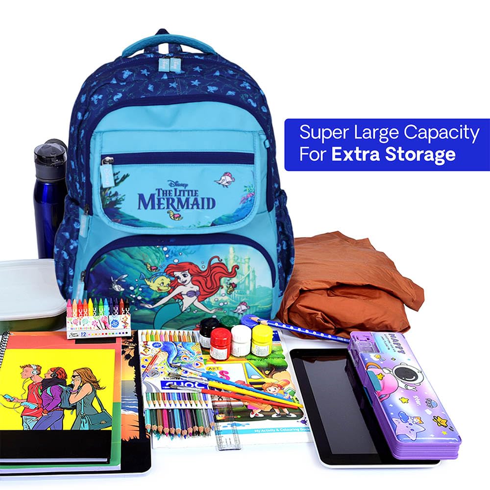 Disney School Bags for Girls|Mermaid 7 Bag (Spring 2024 Collection)|Water Resistant Bag for Kid Bag|School Bag for Kids|16 Inch Bag|35L Huge Bag|Tuition Bag|Gift for Girl|Blue 3