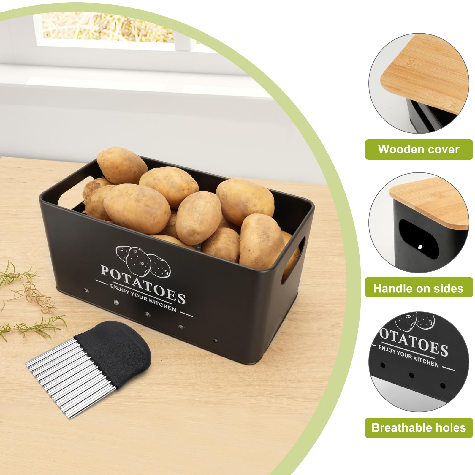 Küche Gemüse Aufbewahrung Set 3 Stück Metall Zwiebeln Knoblauch Kartoffel Aufbewahrungs-Set Küche Kanister Gemüse Behälter Behälter mit Belüftungslöchern und Holzdeckel (Schwarz)