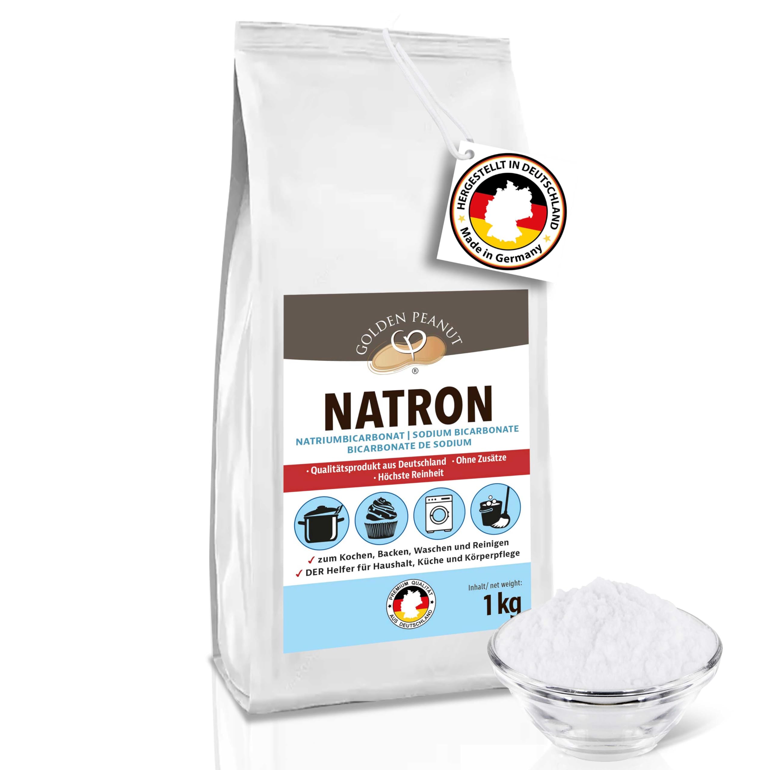 GOLDEN PEANUT Natron Pulver 10 x 1 kg, Natriumhydrogencarbonat, Backpulver, Backsoda, Haushalts-Soda, hochreine Lebensmittelqualität aus Deutscher Herstellung
