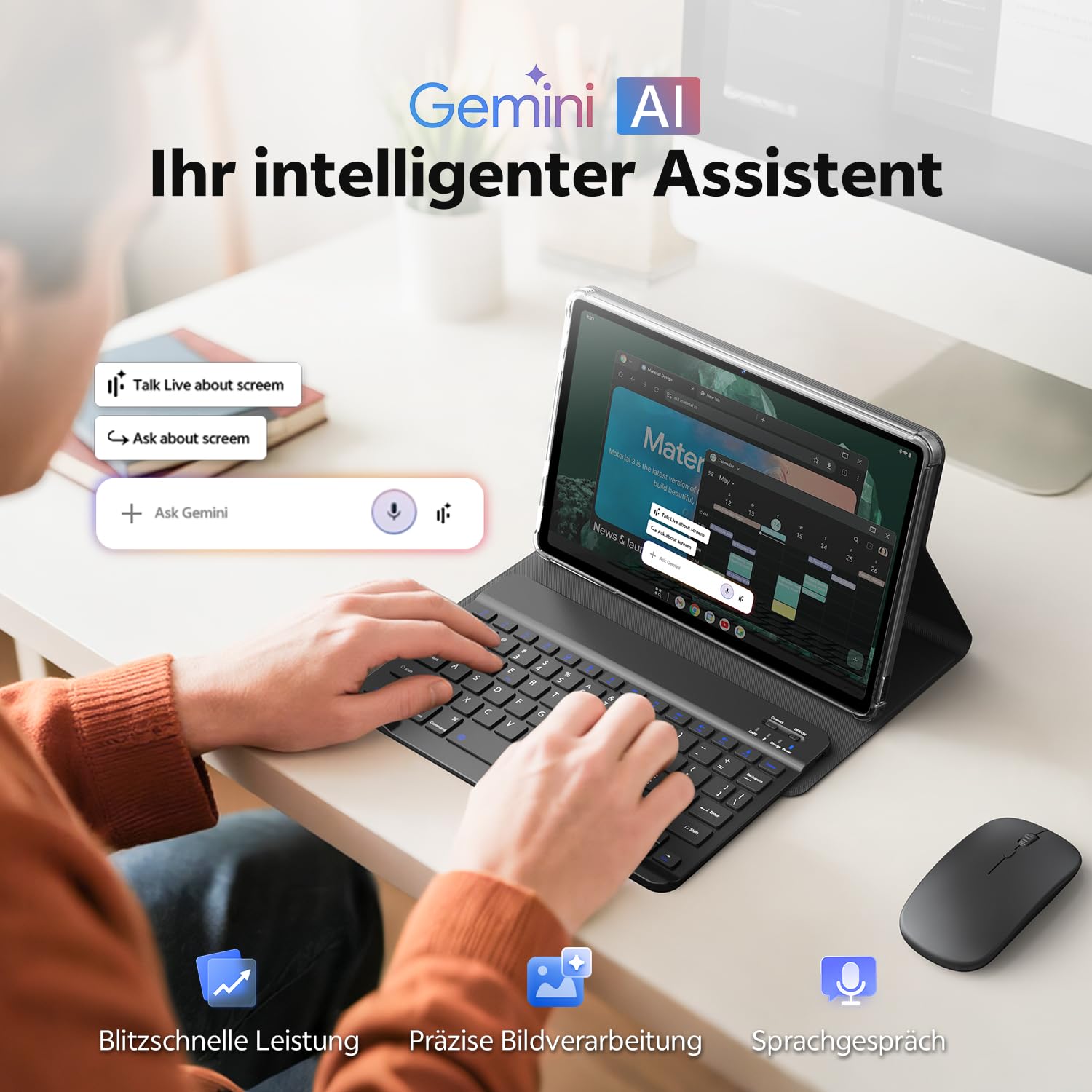 Tablet 11 Zoll mit Hülle, Android 16 System mit Gemini AI, 20GB RAM + 128GB ROM (erweiterbar auf 1TB), 90Hz Display, Unisoc T7250 Octa Core, 13MP + 8MP Kamera, Face ID, Widevine L1, 8800mAh, GPS