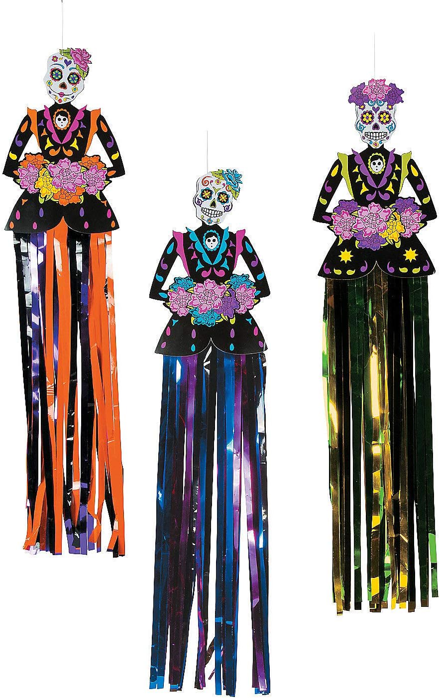 Day of the Dead Sugar Skull Hanging Decorations (3 piece set - hangs 3 feet) dia de los muertos party decorations