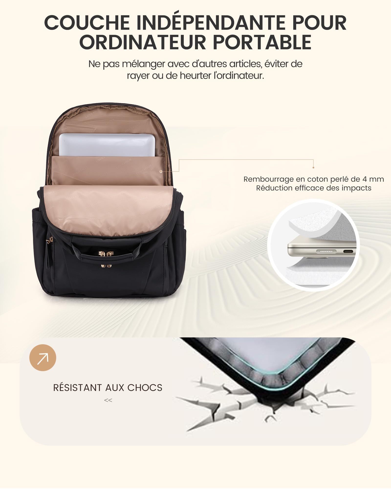 LOVEVOOK Sac à dos pour ordinateur portable et femme - Étanche - Pour le travail, l'école, l'université, les voyages