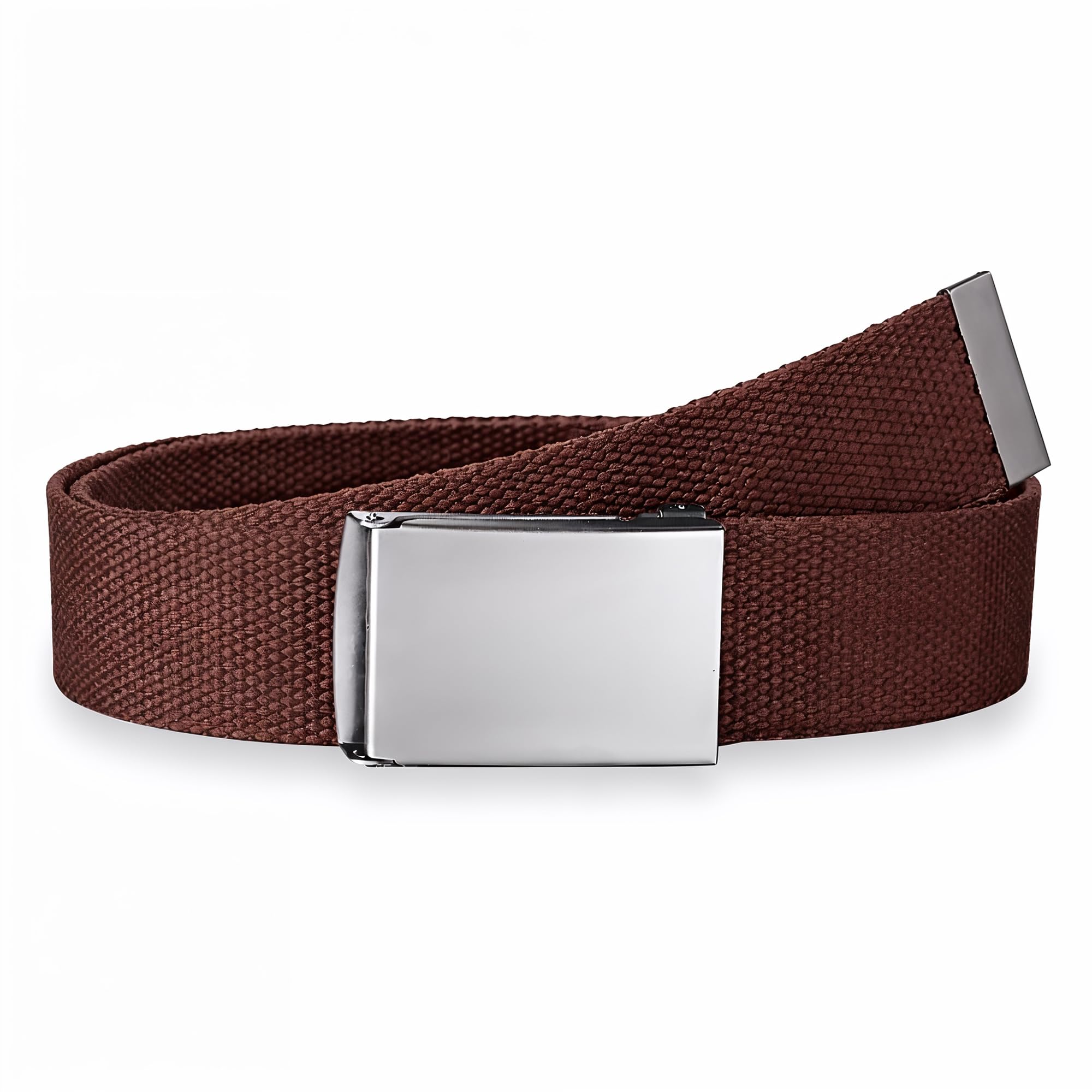 Weddecor Men's Brown Unisex Webbing Belt Fits 26-51 Inches - Army Combat Style Cotton Fabric Canvas Material - With Shiny Silver Buckle Slide Catch Clamp For Casual Wear