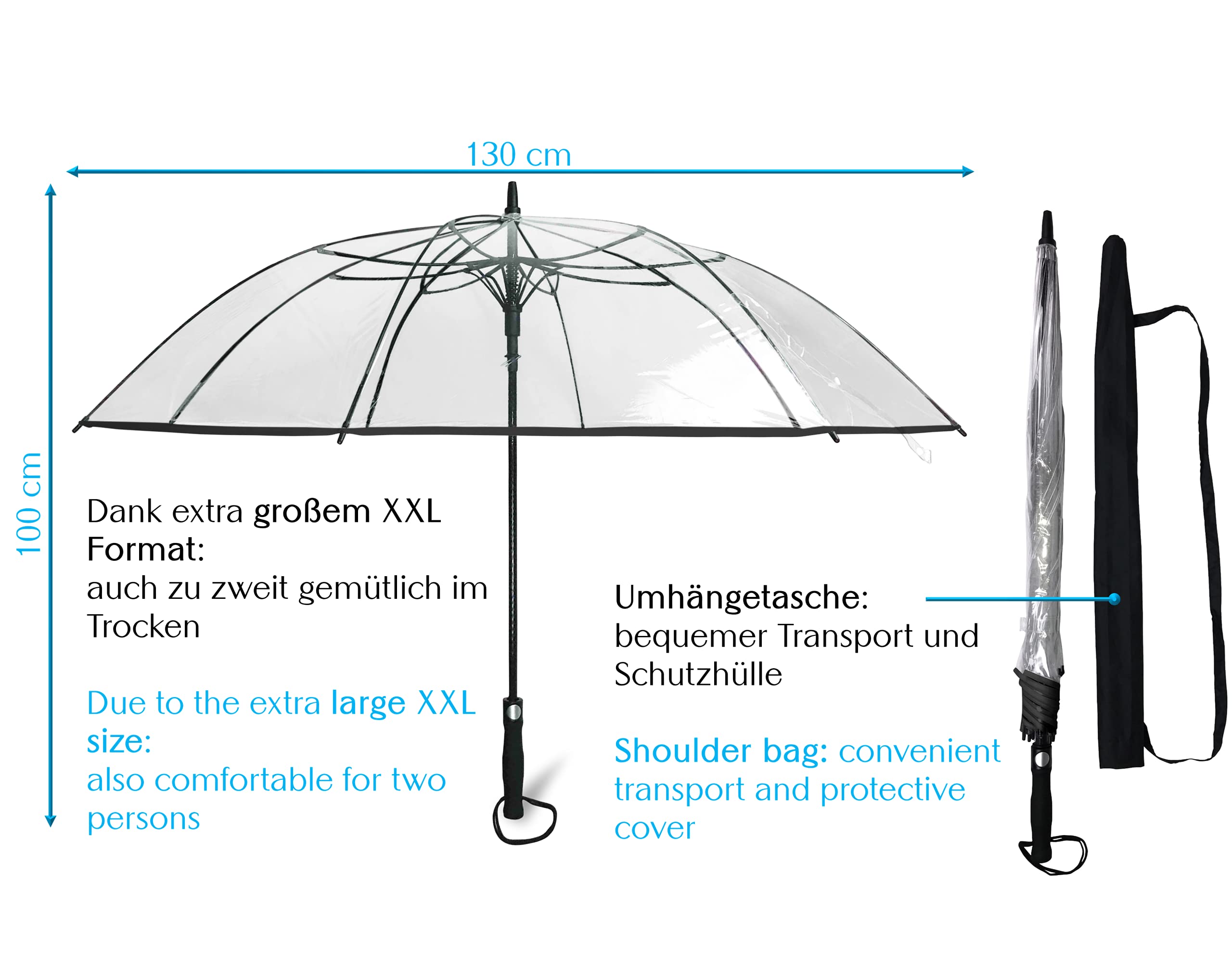 Ombrello Grande da Pioggia XXL - Diametro 130 cm - Ombrello Trasparente con Comodo Pulsante Automatico e Cover, Perfetto come Ombrello Pioggia per Coppie o da Matrimonio - Bordo Bianco o Nero