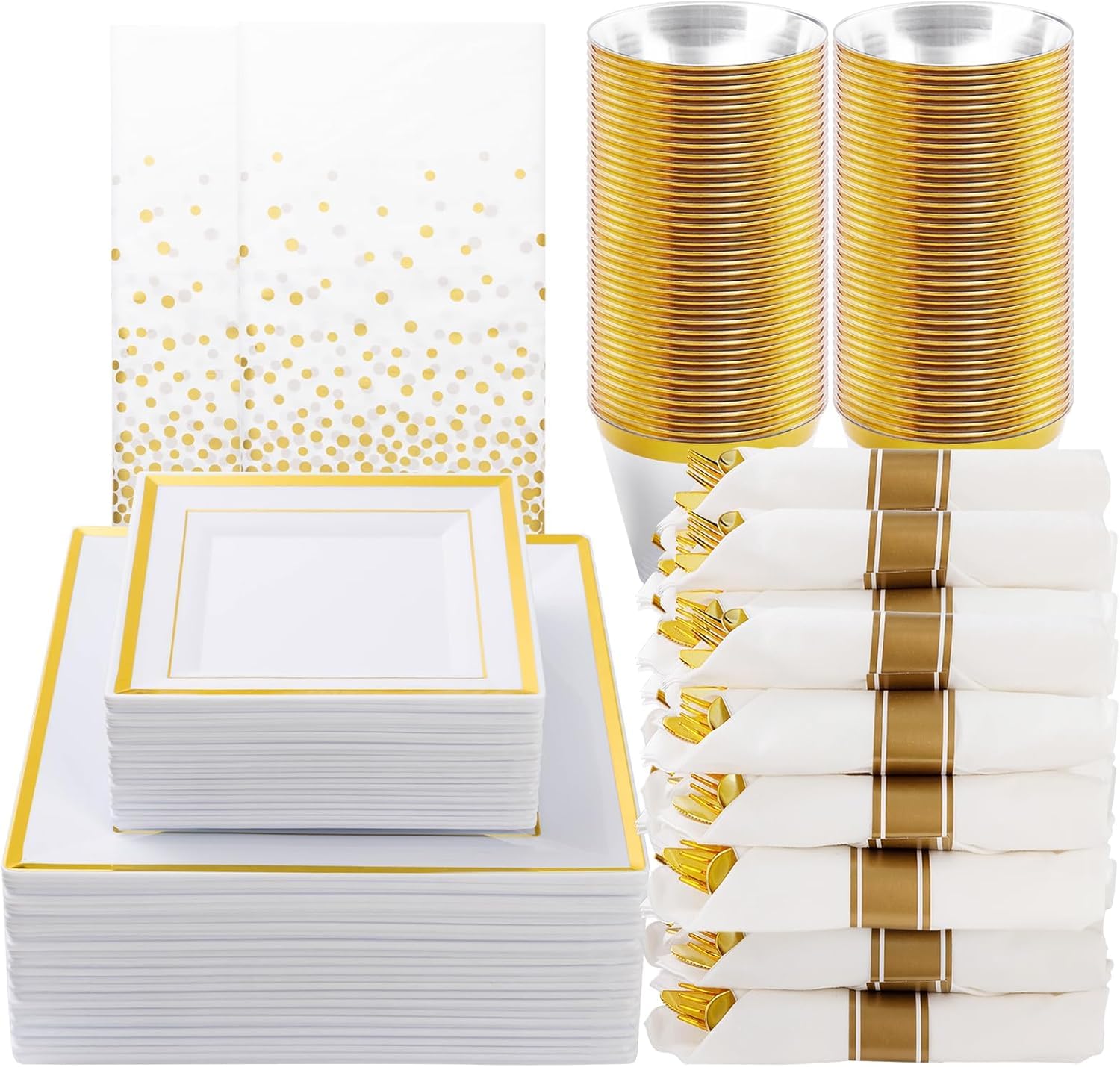 Goodluck 352 Piece Gold Dinnerware Set for 50 Guests, Thanksgiving Square Plastic Plates with Gold Trim, Include: 100 Plastic Plates, 50 Rolled