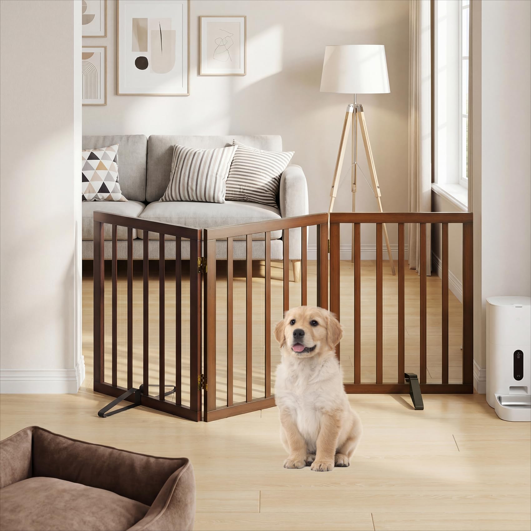 Semiocthome Freistehende Hundezäune und Barrieren Indoor Haustierzäune für Türen und Treppen 61cm (H) - 3 Paneele Hundezaun mit 2 Metallständern komplett montiert verstellbar