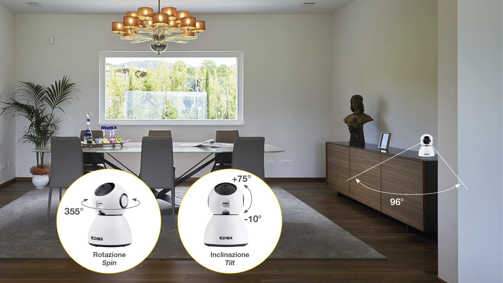 Vimar 46239.040A Telecamera IP WiFi motorizzata con rilevatore di movimento, compatibile con assistenti vocali, disponibile VIEW product per Alexa e Google assistant