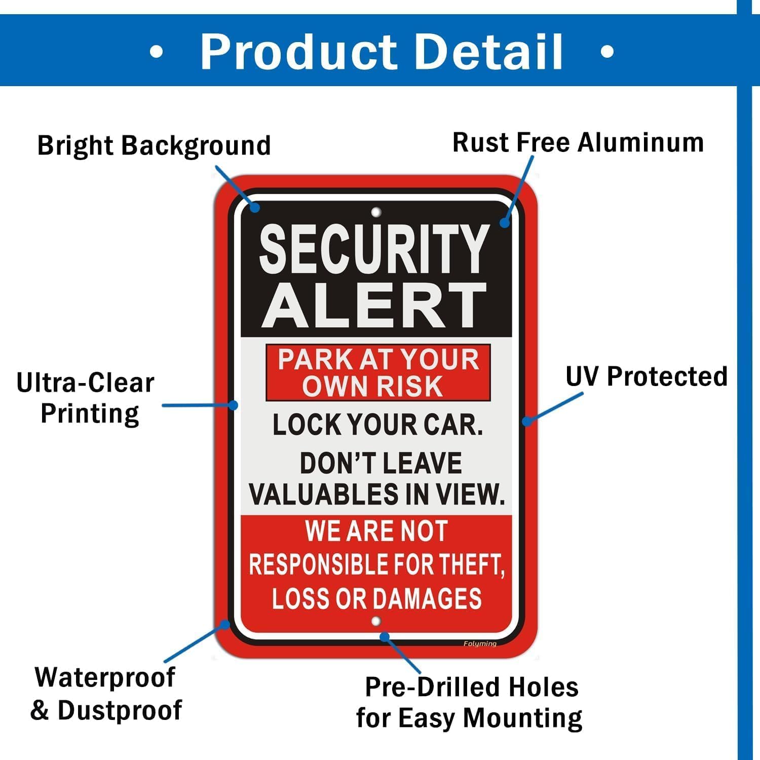 Señal de alerta de seguridad – Park At Your Own Risk – Paquete de 2 unidades de 12 x 18 pulgadas Lock Your Car & Don't Leave Valuables – Not Responsible for Theft/Loss/Damage Sign for Parking Lot