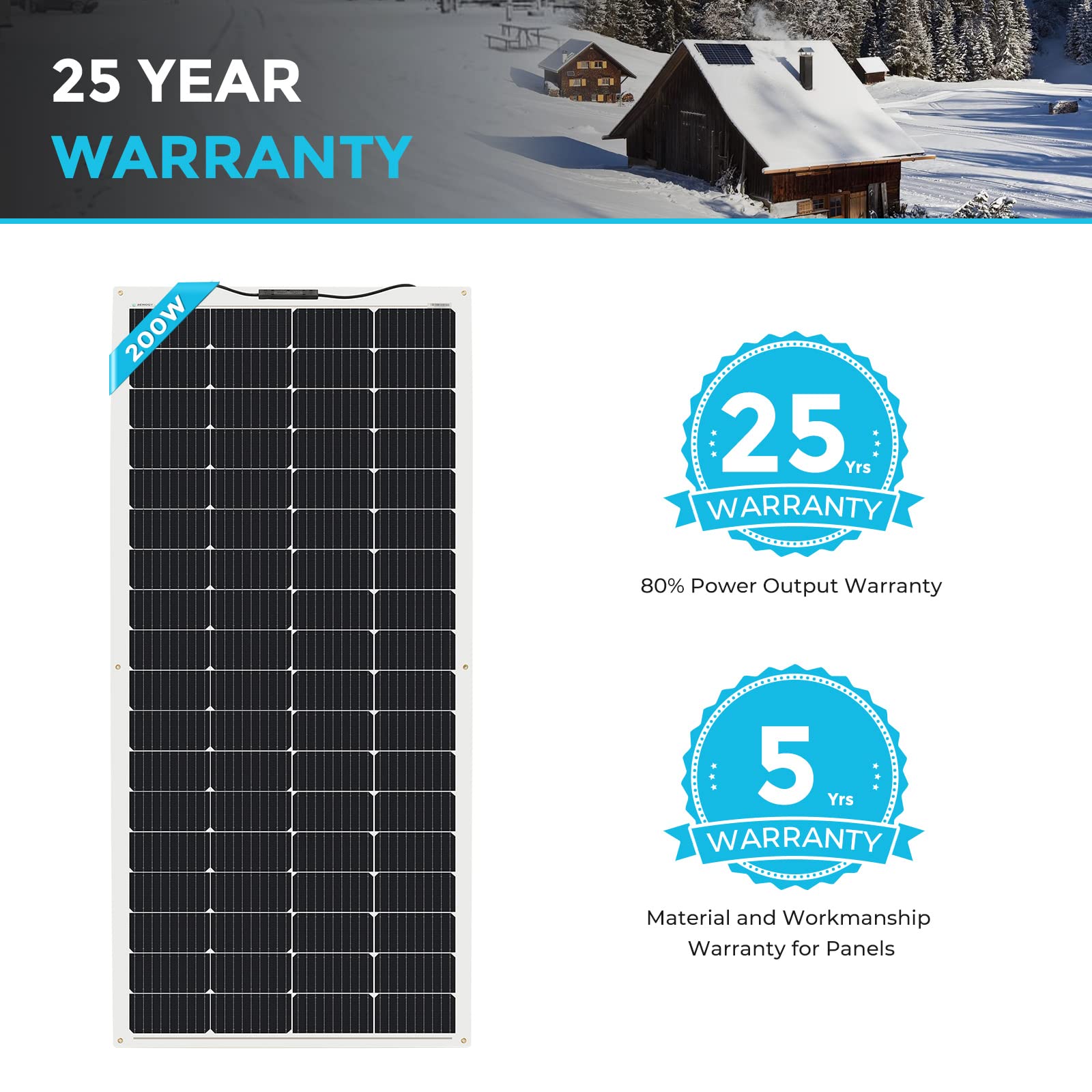 Renogy Solar Panel 200W 12V Lightweight Monocrystalline Semi-Flexible Bendable Mono Off-Grid Charger for Marine RV Cabin Van Car Uneven Surfaces