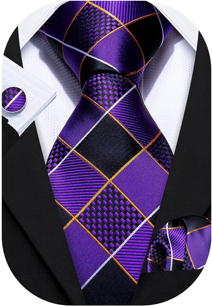 Barry.Wang Plaid Ties Check Mens Necktie Set with Handkerchief Cufflinks Classic Stripe