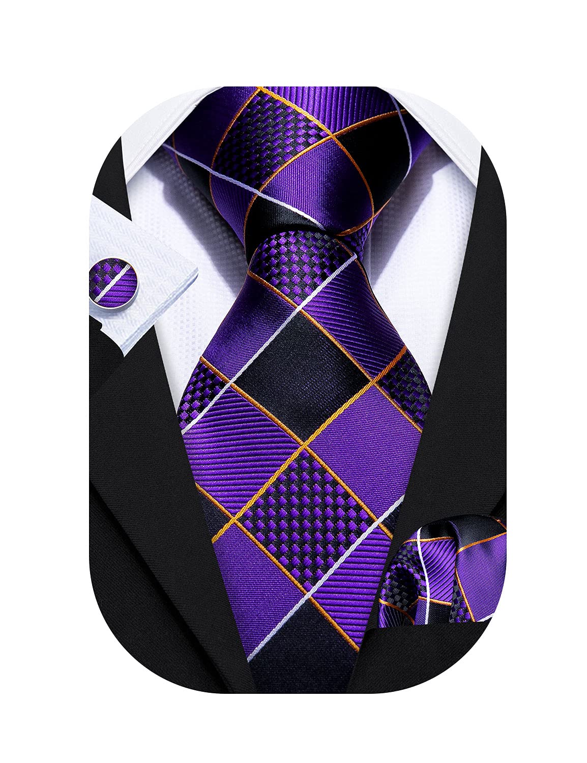 Barry.Wang Plaid Ties Checkered Mens Silk Necktie Handkerchief Cufflinks