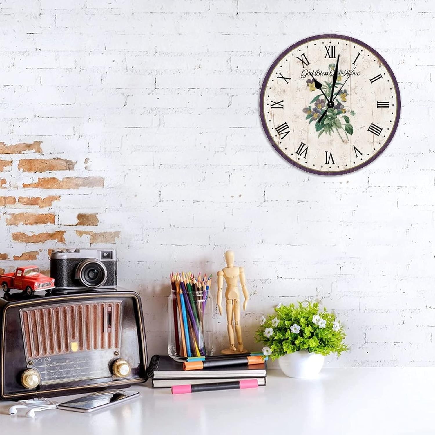 Europe Country Style Purple Pansy Flower Wooden Wall Clock Wildlife Flower 12 Inch Wooden Wall Clocks Battery Operated Silent Rustic Wall Decor Home Decor for Living Room Kitchen Bedroom Office