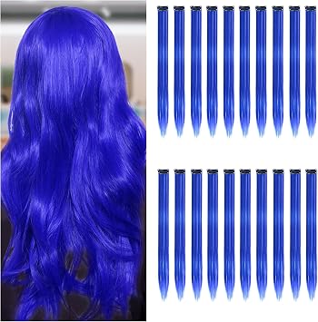 20 PCS Clip-In Hair Extensions, 22inch Straight Blue Hair Pieces for Women, Suitable for Parties, Festivals and Stages