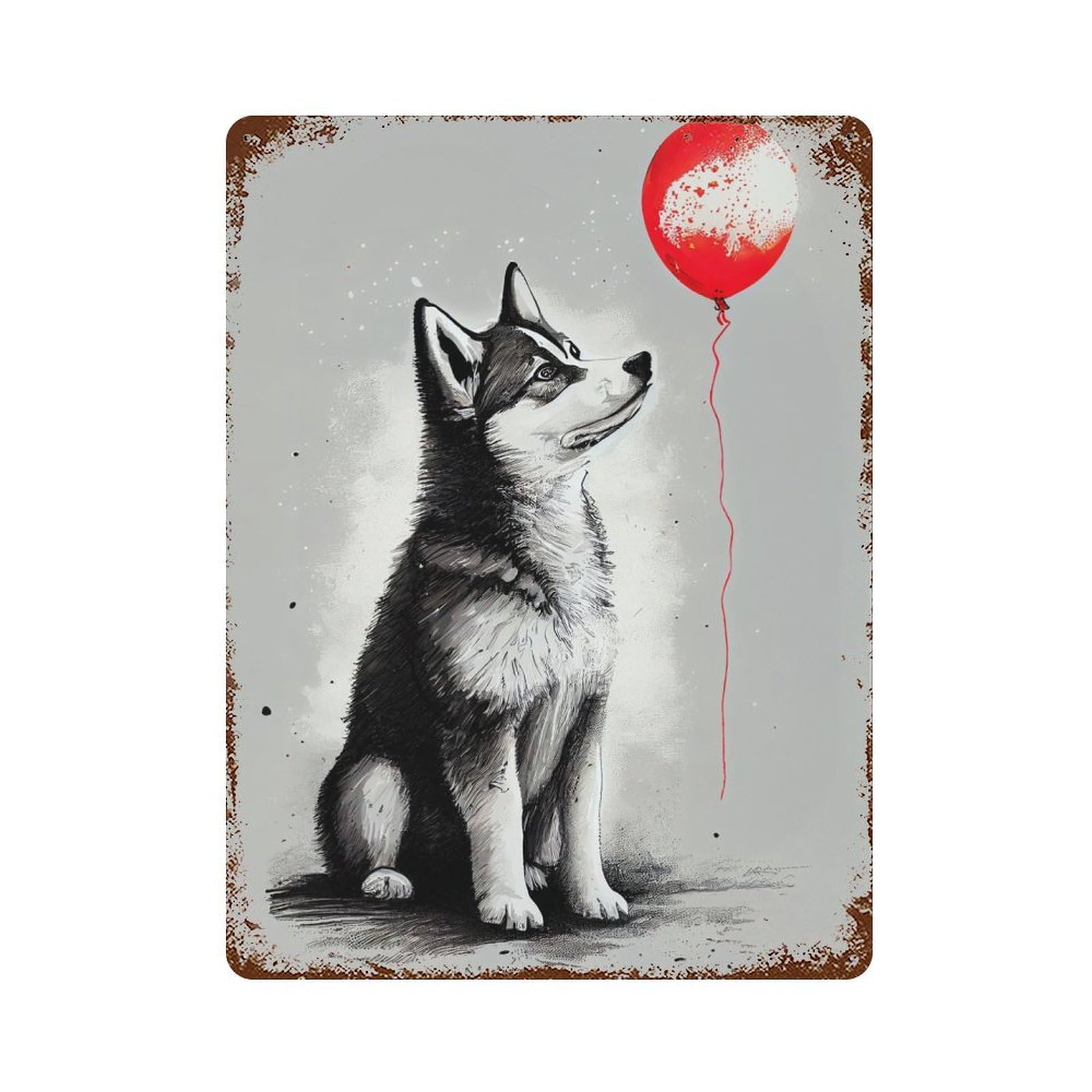 Husky Red Balloon Rustic Tin Plaque 15.7"x11.8", Ideal for Shed, Workshop And Garage Wall Decor