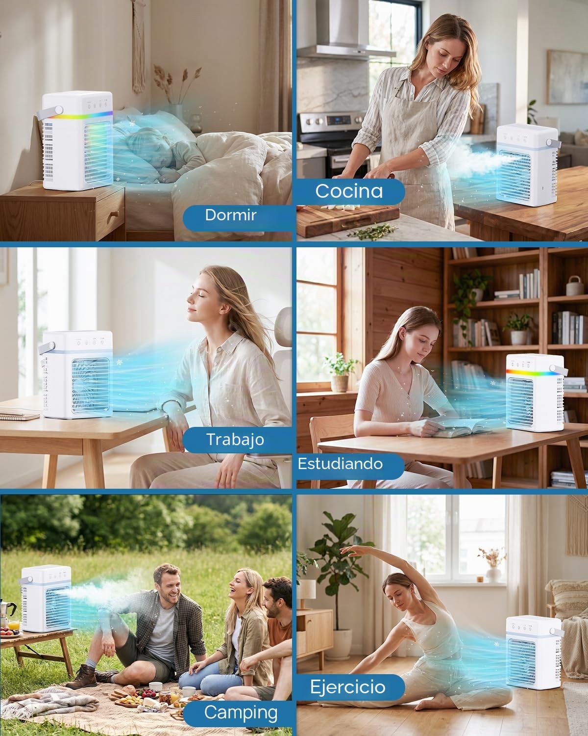 Mini Aire Acondicionado Portatil 3 en 1, Enfriador de Aire 900ML con 3 Velocidades de Aire, 3 Niveles de Neblina, Temporizador 2/4/6H, Luz de Ambiente, USB 10W, Ideal para Habitación, Oficina y Viajes