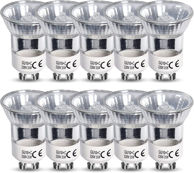 DoRight Mini GU10 Halogen Bulbs 35W Dimmable, MR11 GU10 Halogen Spotlight Bulbs Warm White 2800K AC 220-240V Small GU10 Halogen Reflector Spot Lighting for Downlight Display Ceiling Light (10-Pack)