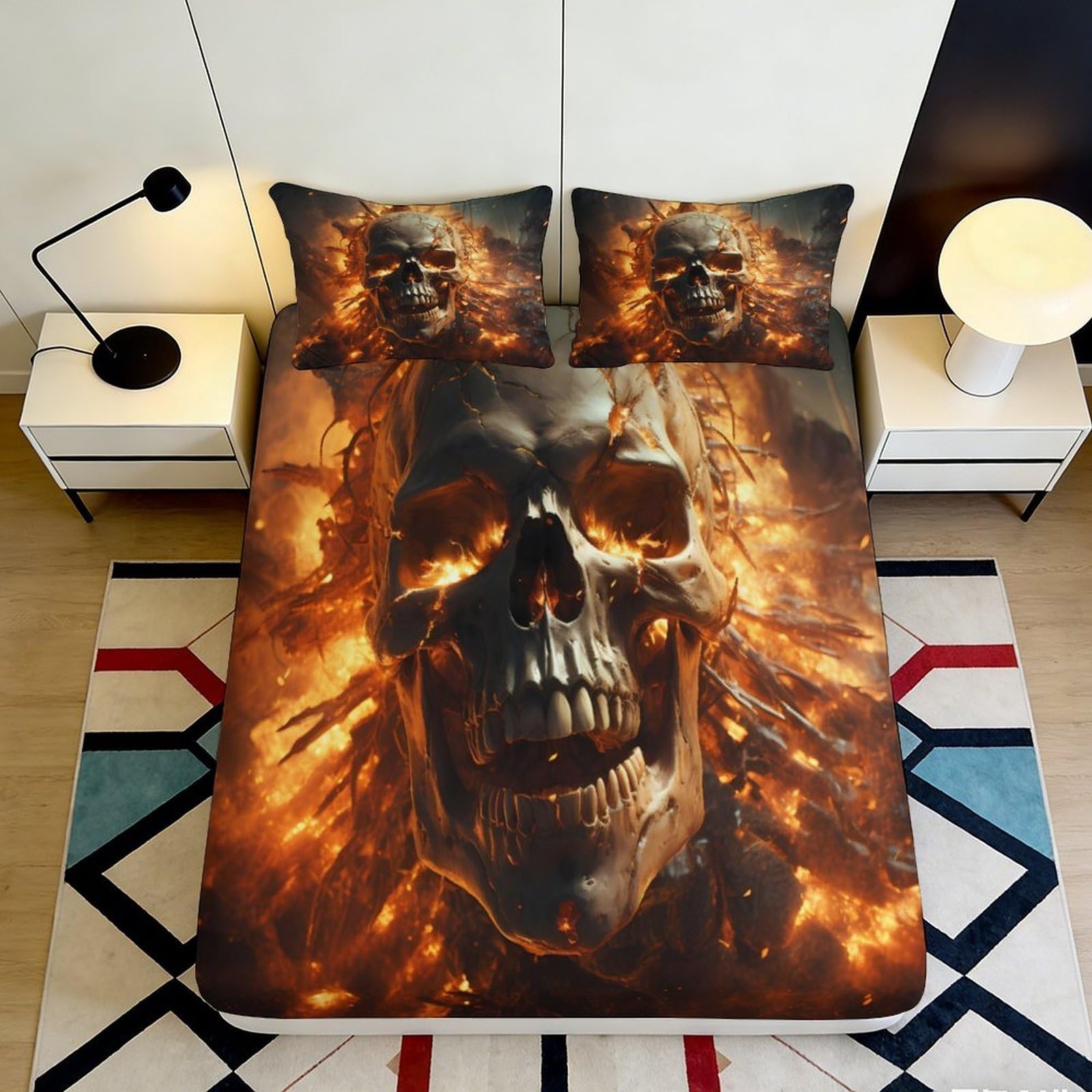 Jqzkxnhpbr Style-3 3D Printed Flaming Skull Fitted Sheet Microfiber Soft Decorative Fire Skeleton Bed Cover For Bedroom Dorm Mattress Protection 90X200x25cm