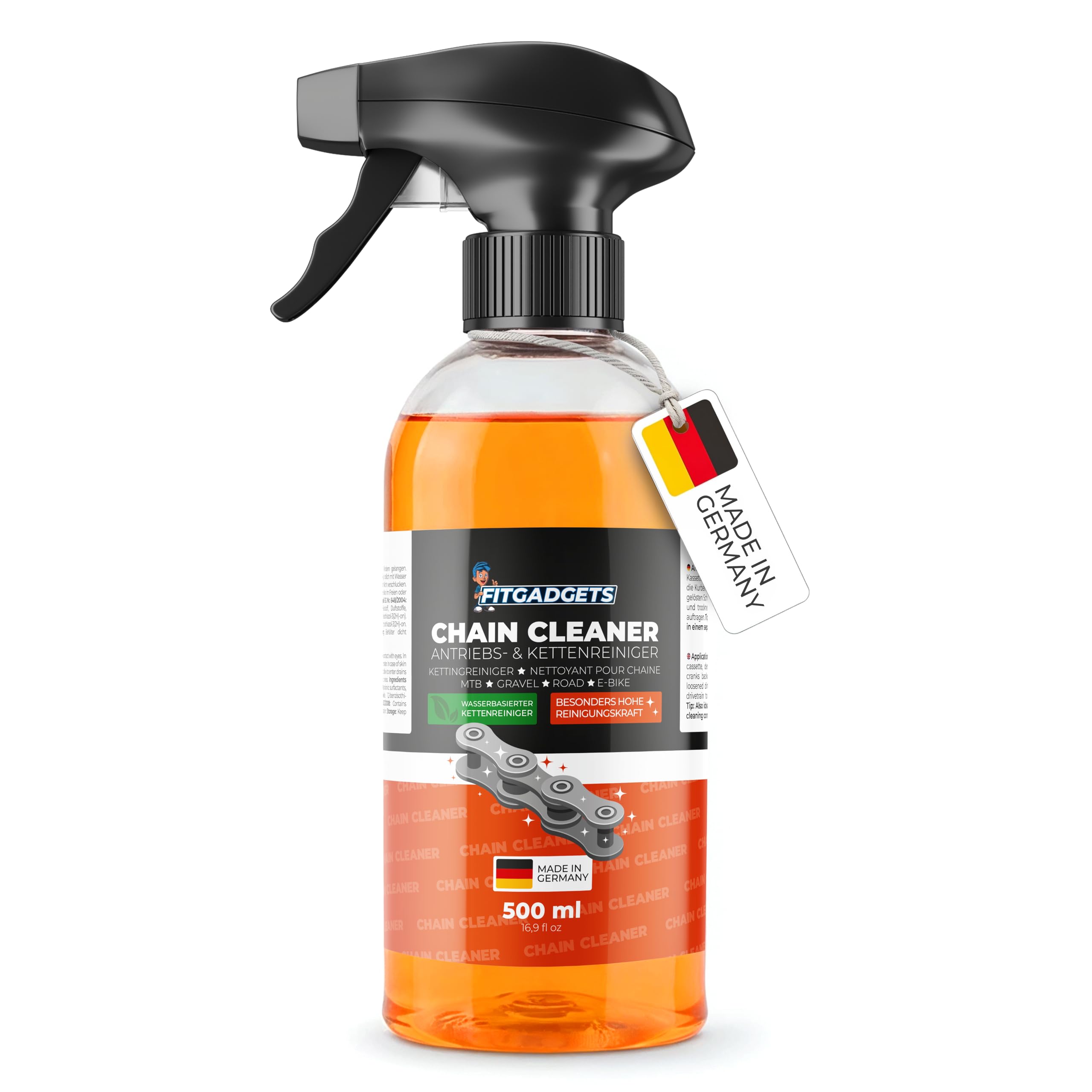 Fitgadgets środek do czyszczenia łańcuchów rowerowych w butelce z rozpylaczem 500 ml – środek do czyszczenia napędu i łańcucha o zapachu cytrusowym do rowerów elektrycznych, MTB, rowerów wyścigowych i