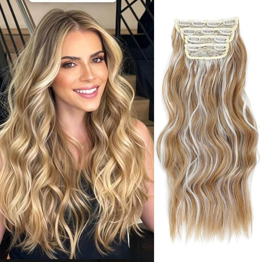 4PCS Clip in Hair Extensions 20Inch Long Wavy Hair Extensions Clip ins Synthetic Thick Hair Piece for Women(Black)