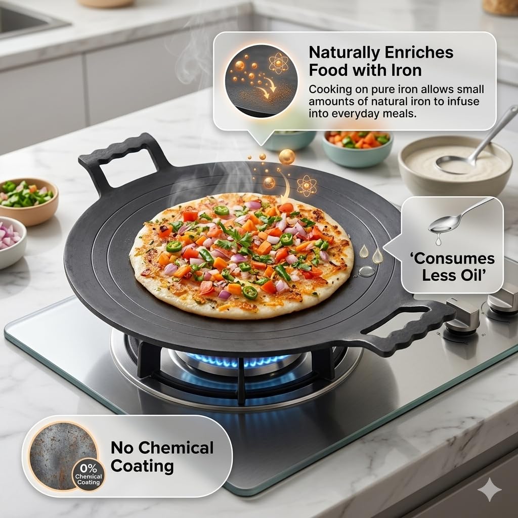 Nakshathra Iron Dosa Tawa with Free Turner - 12 Inch, Heavy Duty Kallu for Crispy Dosas, Paratha & Chapati, Natural, Even Heat Distribution, No Chemical Coating (Black) 1