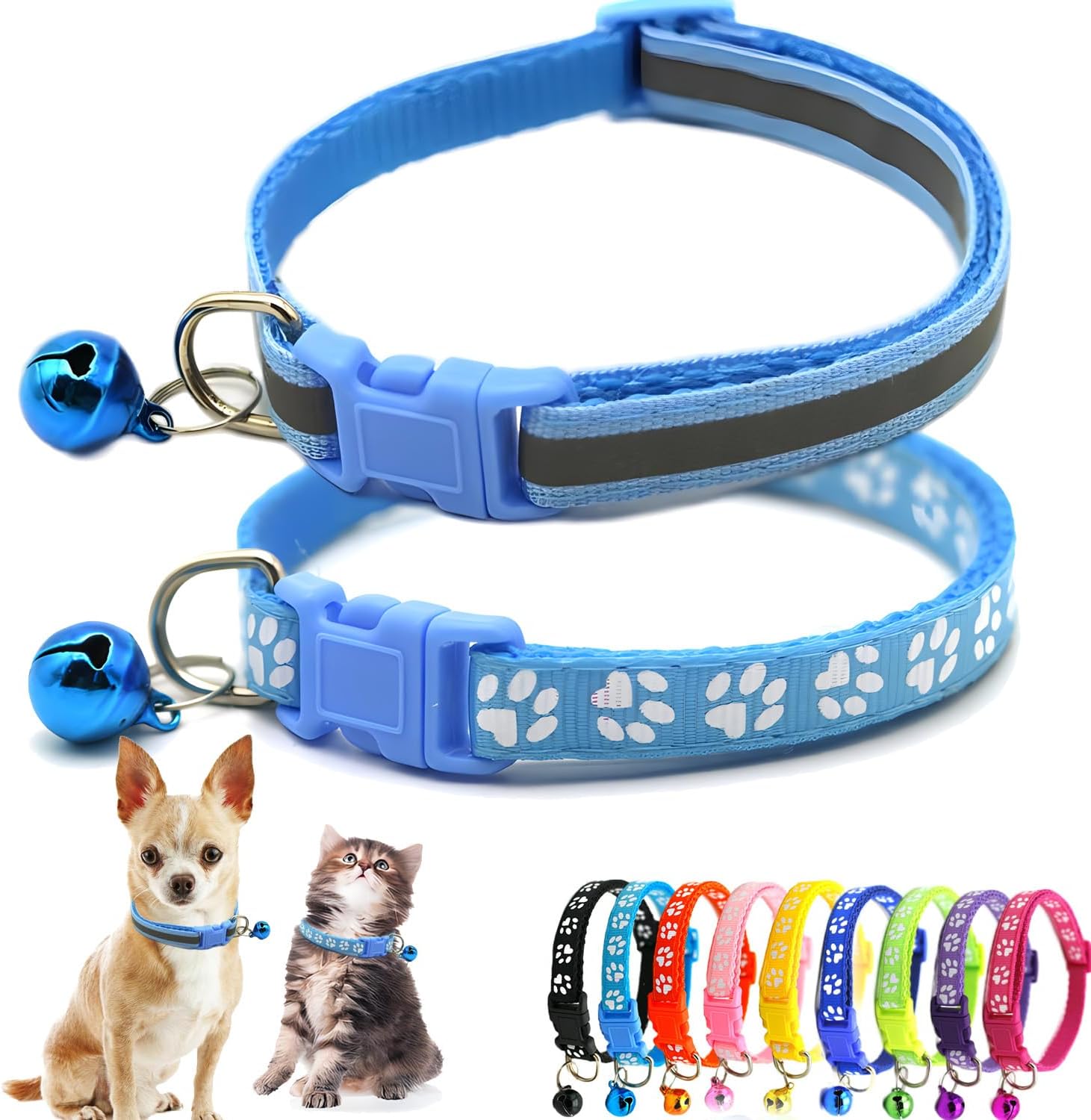 Blue XS Cat Collar with Bell, 2-Pack Reflective XXS Puppy Dog Collar Kitten