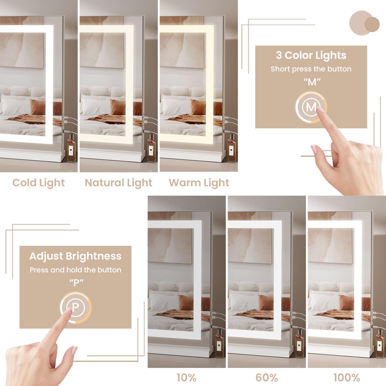 Dripex Specchio da Trucco Illuminato a LED, 80x58 cm (L x H), Controllo Tattile, 3 Modalità di Colore della Luce, Luminosità Regolabile, Include Specchio d'Ingrandimento, da Tavolo o da Parete, Bianco