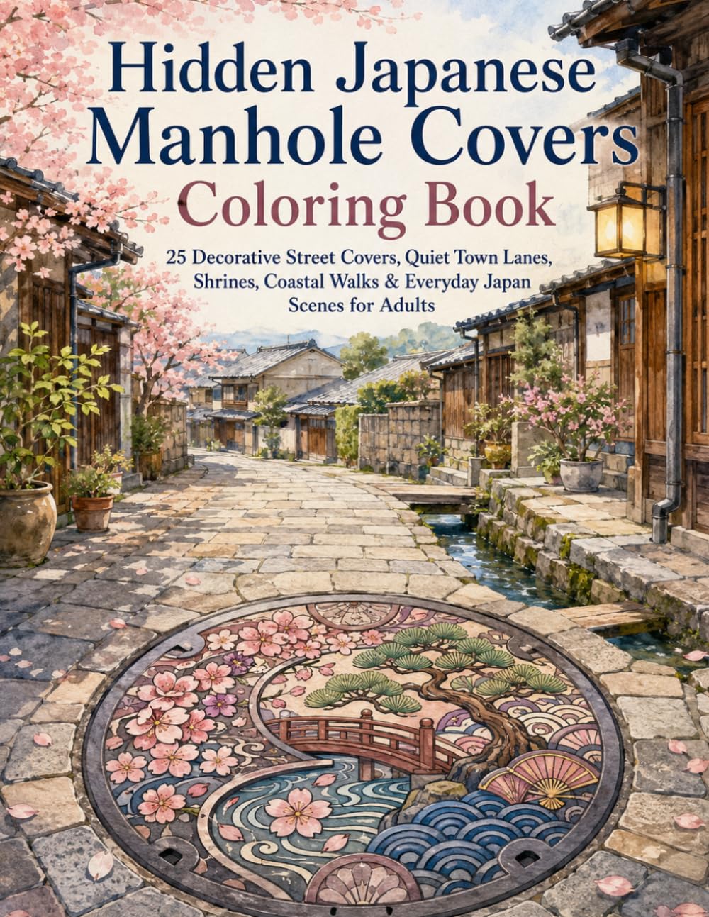 Hidden Japanese Manhole Covers Coloring Book: 25 Decorative Street Covers, Quiet Town Lanes, Shrines, Coastal Walks & Everyday Japan Scenes for Adults