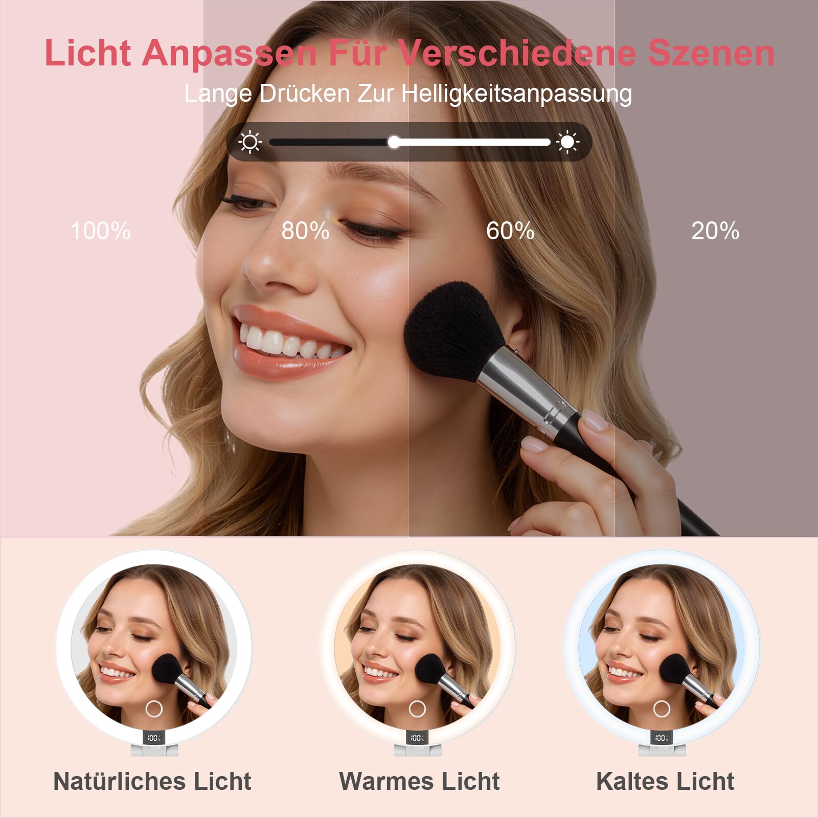 SURFOU Specchio Trucco con Luci LED Ricaricabile USB, 1500mAh Pieghevole Portatile Doppia Faccia 1X/20X, 3 Modalità Luce Regolabile Touch Memoria, Ideale per Make up Bagno e Viaggio