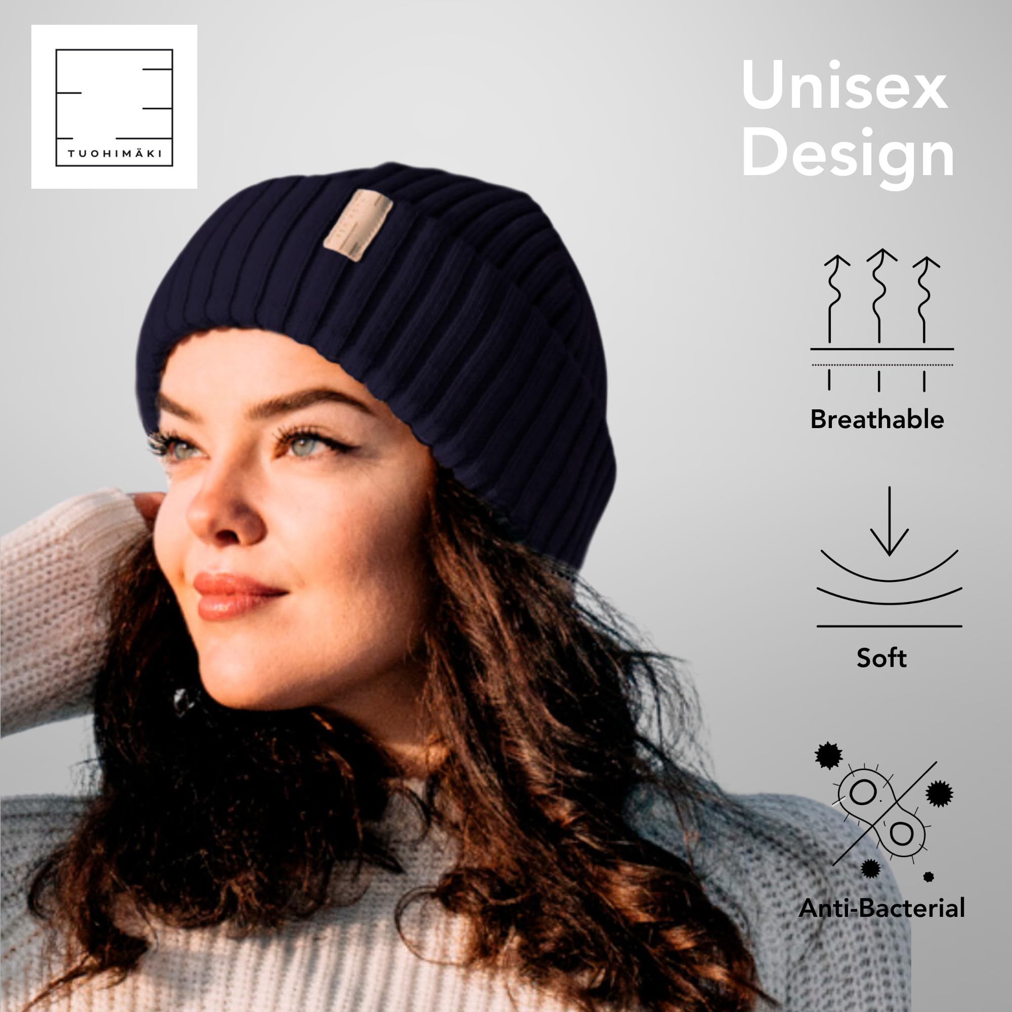 Gorro de Lana Merino para Mujer, 100% Lana Merino Extrafina, sin Mulesing – Fabricado en Finlandia – Azul Oscuro, Talla Única – Gorro de Invierno Suave y Transpirable