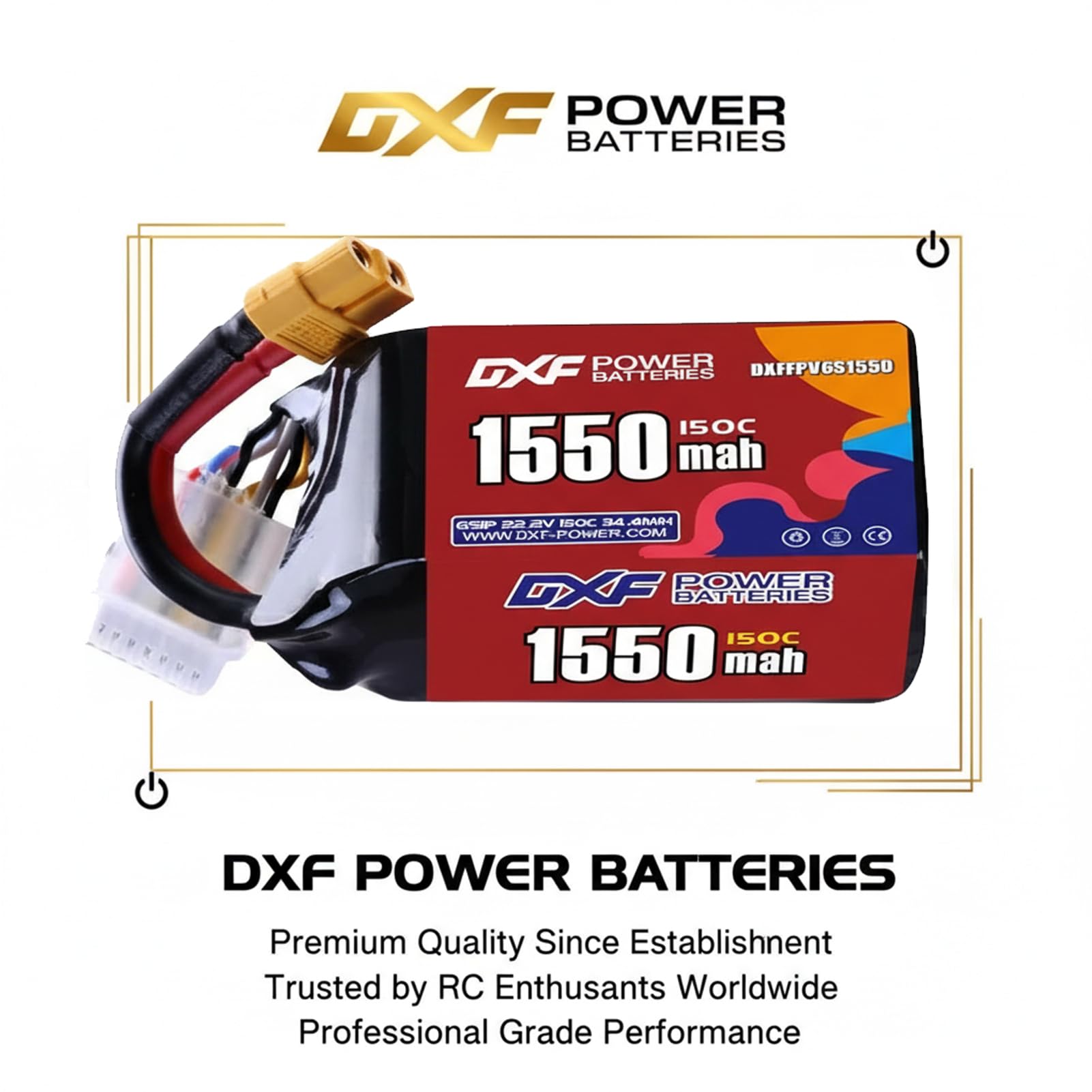 DXF 6S 1550 mAh Lipo Akku 22,2 V 150 C mit XT60 Stecker RC Graphen Akku für FPV-Drohne Quadcopter Hubschrauber Flugzeug RC Boot Autorennen Modelle (2 Stück)