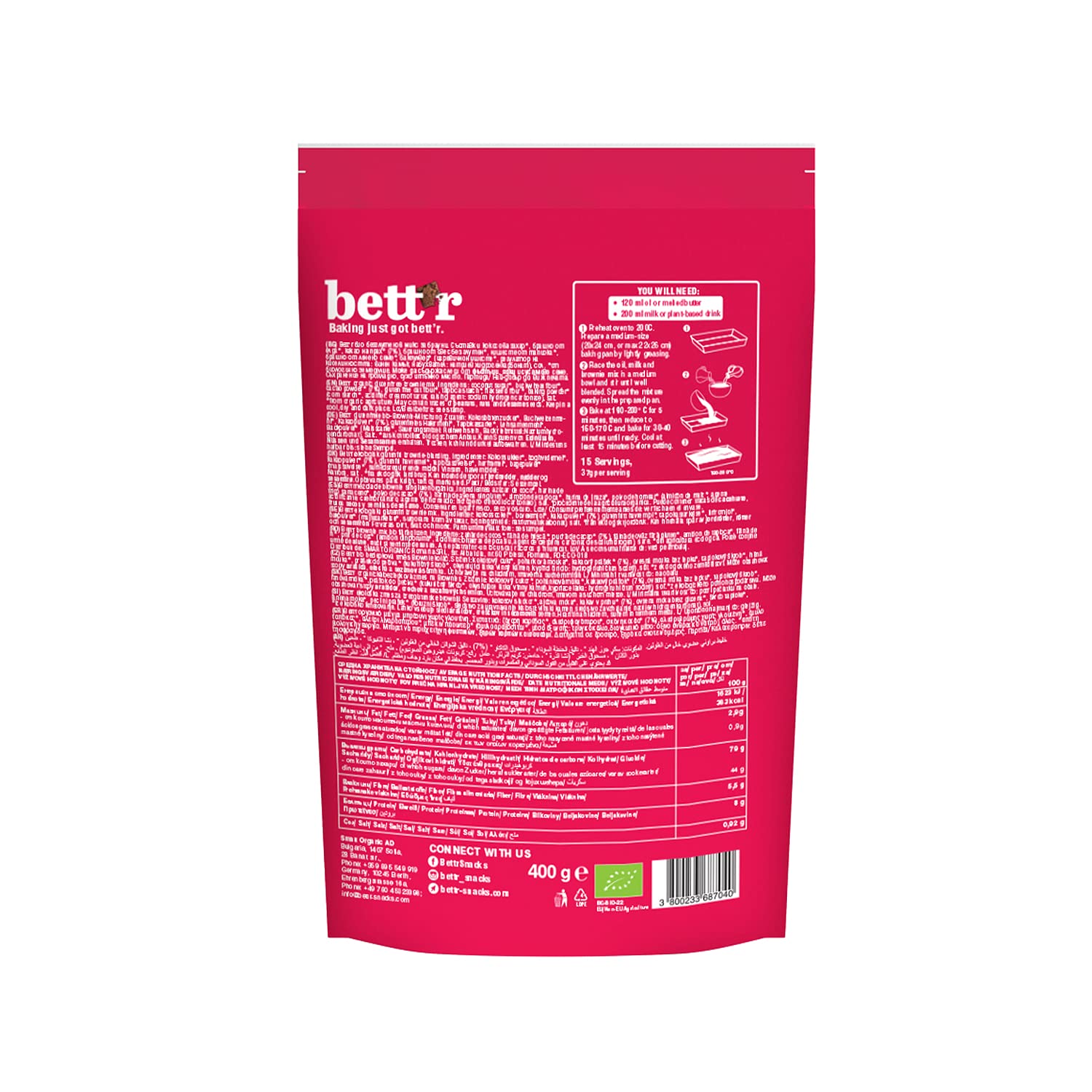 bett'r Organic Brownie Mix, Bio, Vegane & Gluten free Brownies Mit Reichhaltigem Kakaogeschmack-6 x 400g-jeweils 15 Portionen