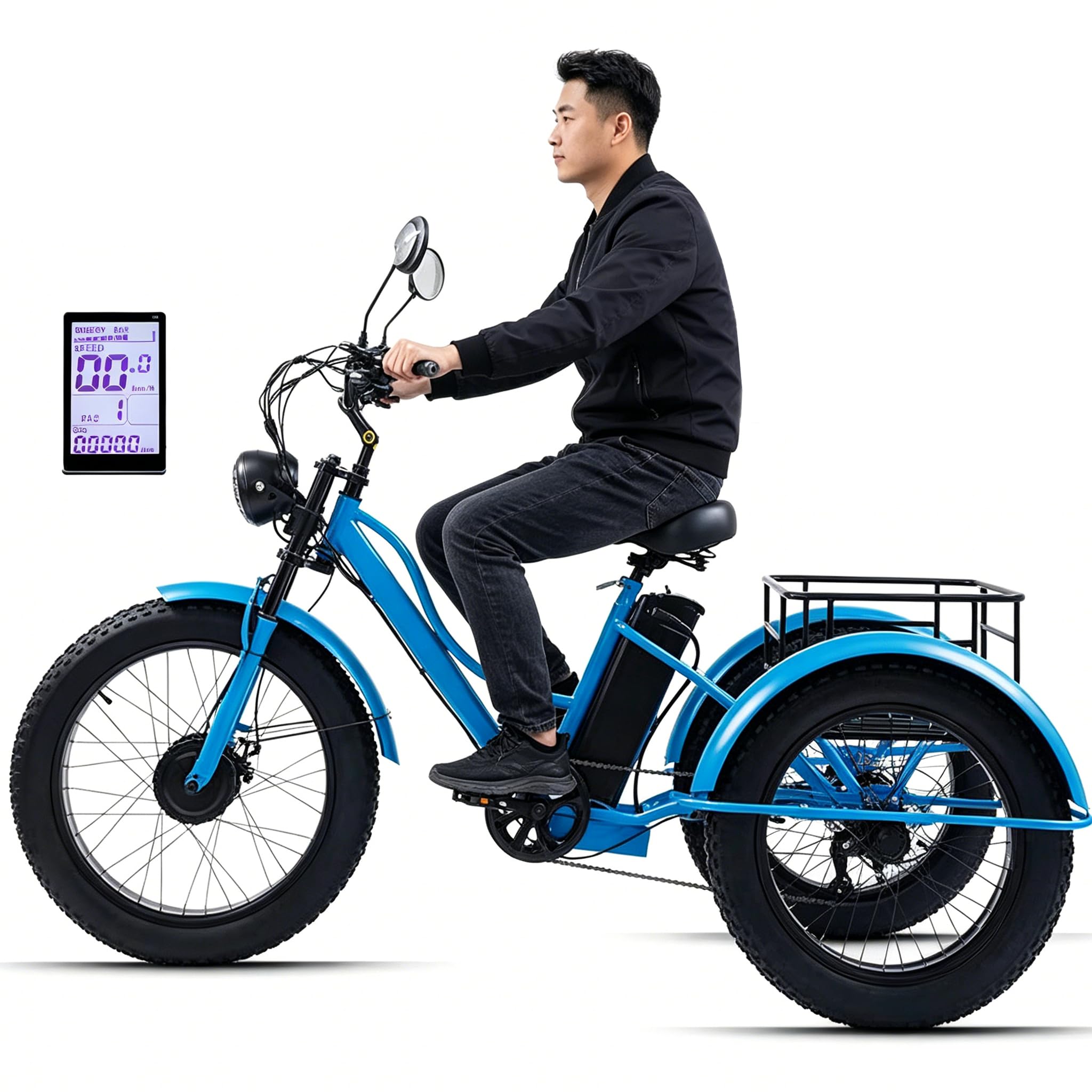24" Fat Tire Adult Tricycle, 3 Wheel Electric Trike with Basket(LCD Display + Headlight), 7 Speeds Cruise Bicycles for Adults, 48V15Ah Removable Battery - 65km Range, Maximum Load: 330 lbs Blue