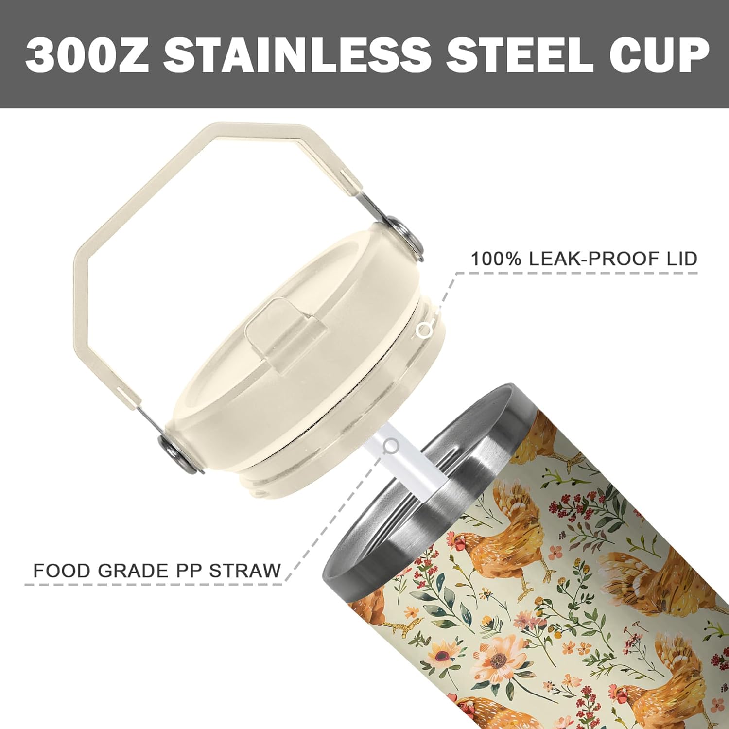 30 Oz Chicken Tumbler with Handle and Straw, Insulated Rooster Cup Gifts for Chicken Lovers Women, Double Wall Stainless Steel Chicken Mugs, Chicken Travel Mug Chicken Gifts for Women - Image 3