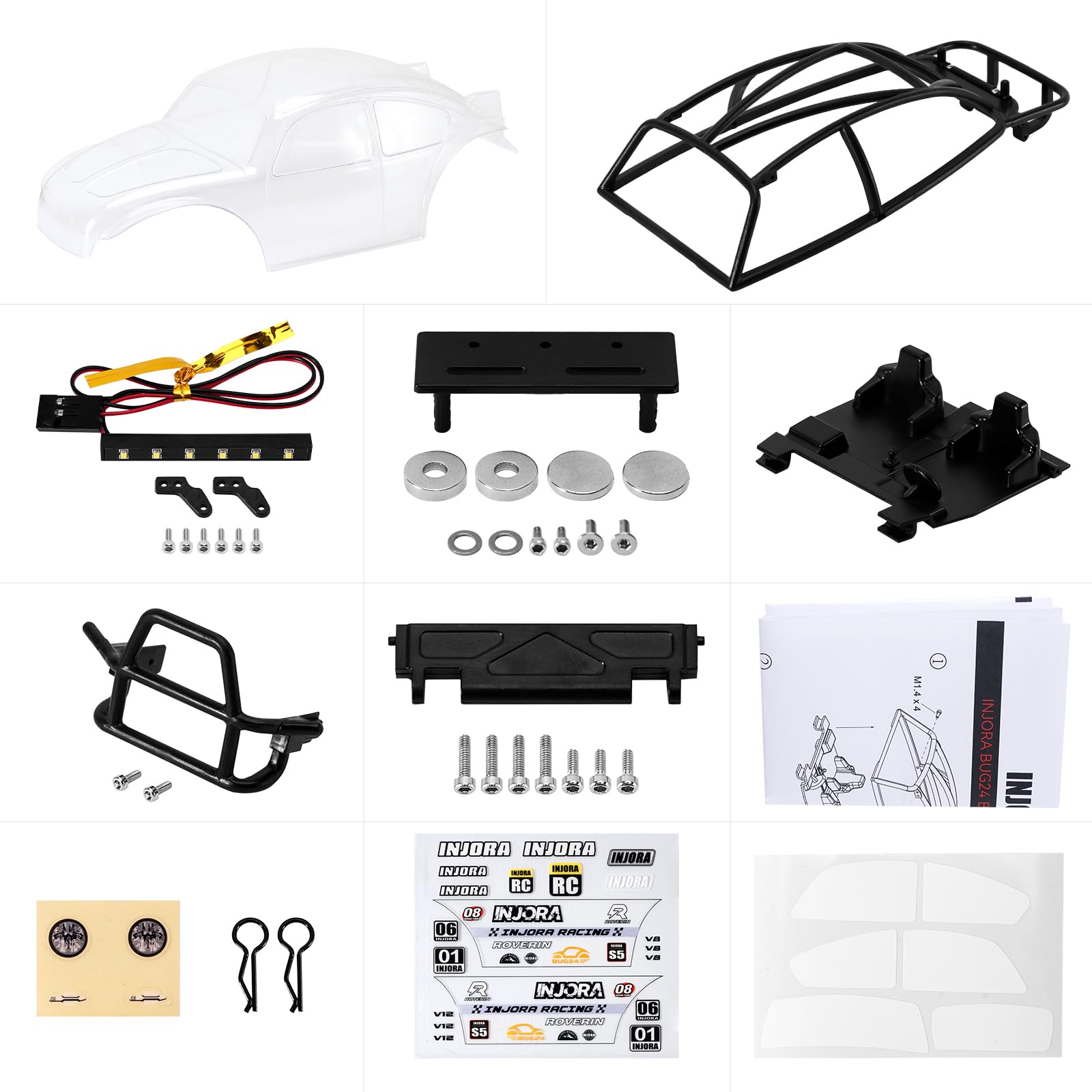 INJORA BUG24 Body with Roll Cage for 1/24 Axial SCX24 C10 JLU Bronco 4Runner Base Camp, Clear - Image 2