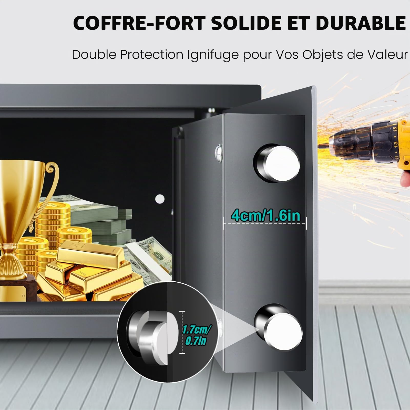 Coffre-fort ignifuge étanche Coffre-fort meuble avec serrure à combinaison et 2 clés Coffre-fort en acier fer Coffre-fort mural à encastrer pour maison, bureau, école, hôtel 31x20x20cm 8,5L Gris