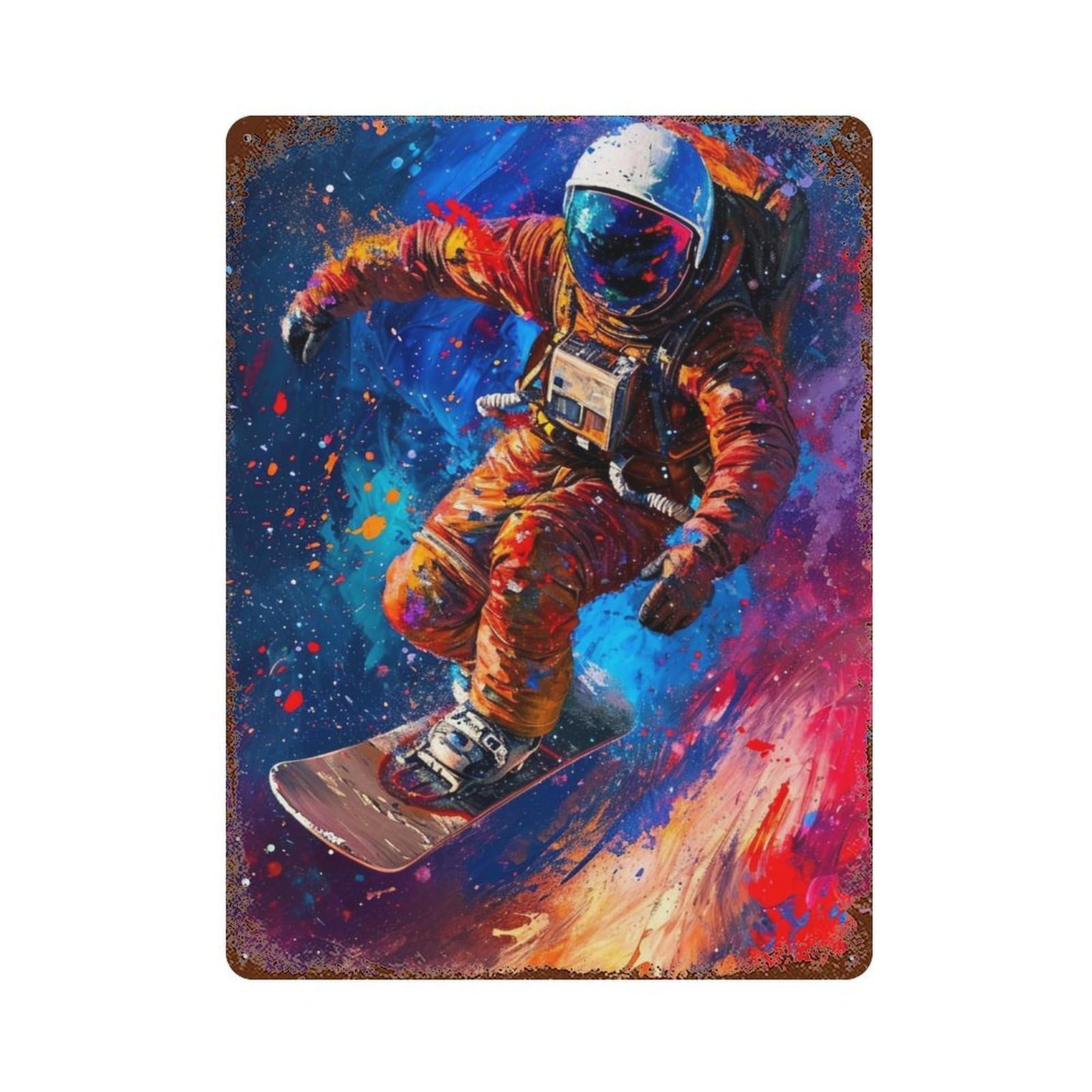 Astronaut Snowboarding in Space 15.7"x11.8" Weathered Tin Sign, Shabby Chic Decor for Cafe, Home Bar And Lounge Decor