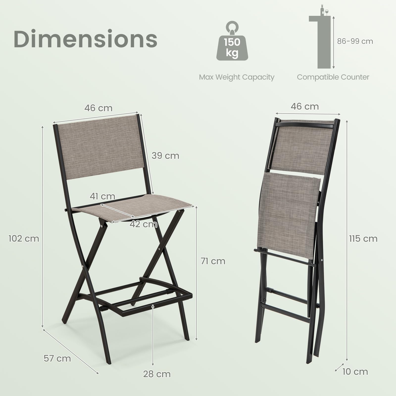 GIANTEX 2 Sedie da Bar Pieghevoli, con Schienale e Poggiapiedi, Telaio Metallico Resistente e Tessuto Traspirante, Ideali per Terrazza e Uso Domestico