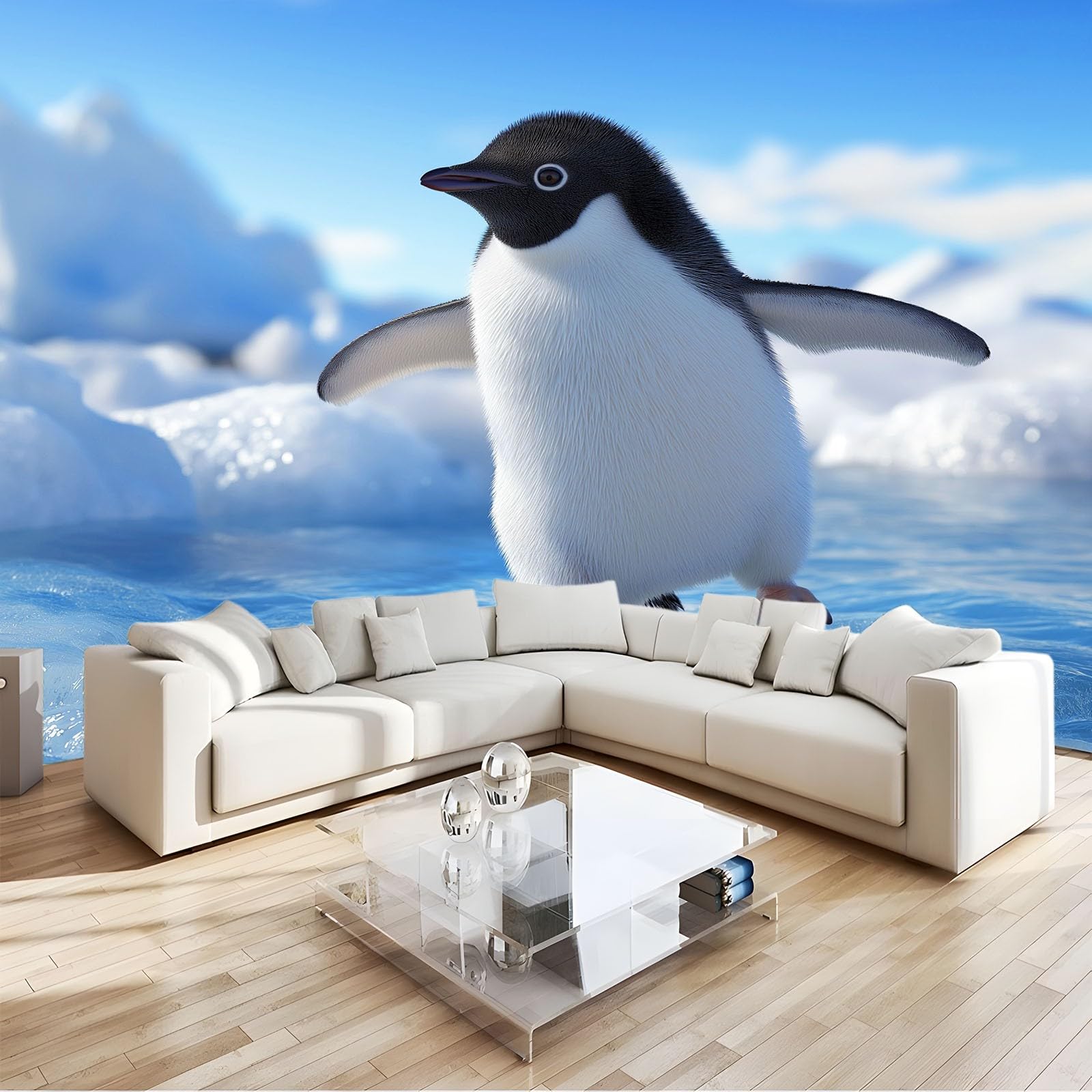 Panoramiczna tapeta 3D natura lodowiec ocean zwierzęta pingwiny jasnoniebieski 250 x 175 cm, tapeta z włókniny - fresk ścienny do salonu, sypialni i biura, dekoracja ścienna druk HD