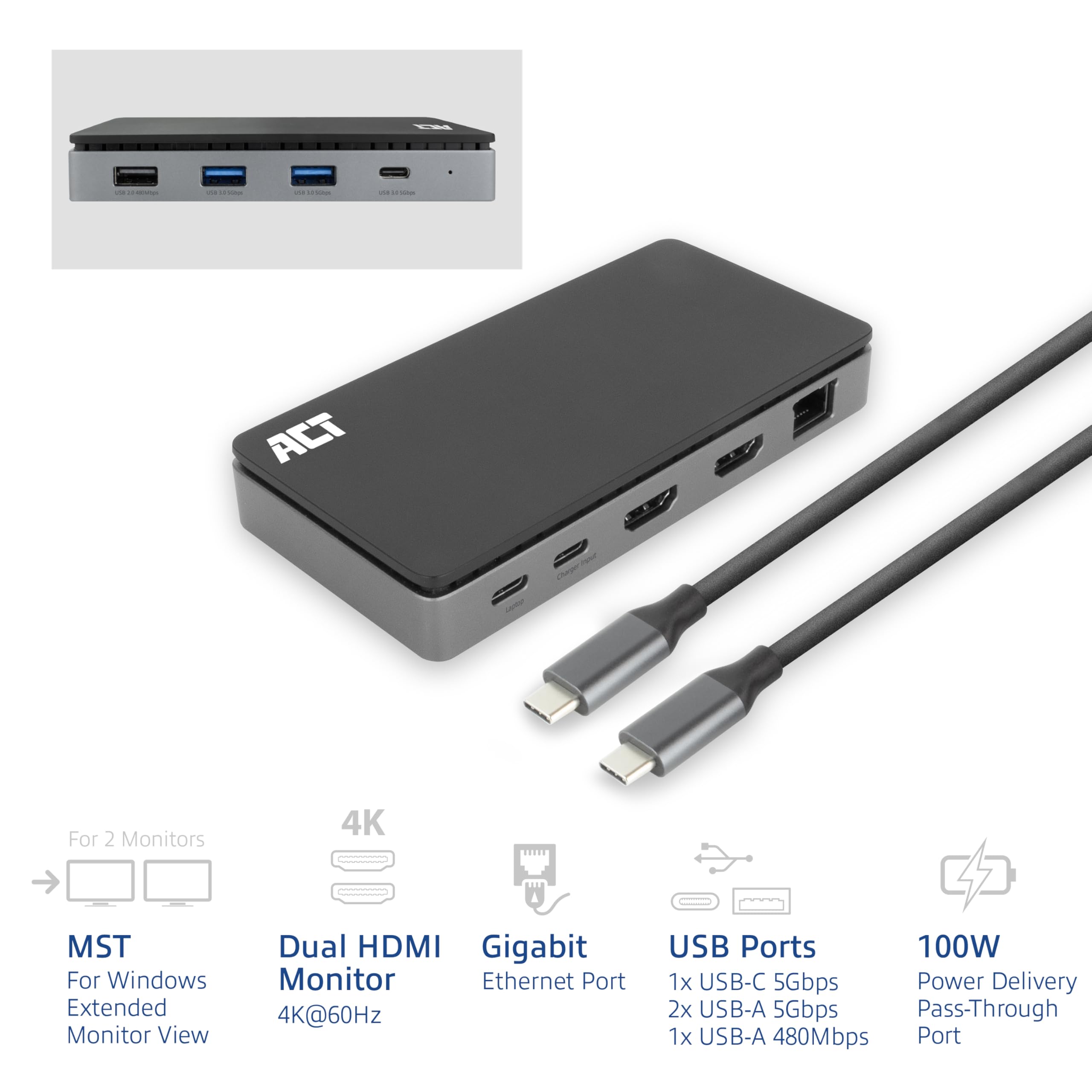ACT 9 en 1 USB C Docking Station 4K60Hz, 2 Puertos HDMI, 100 W PD - AC7093