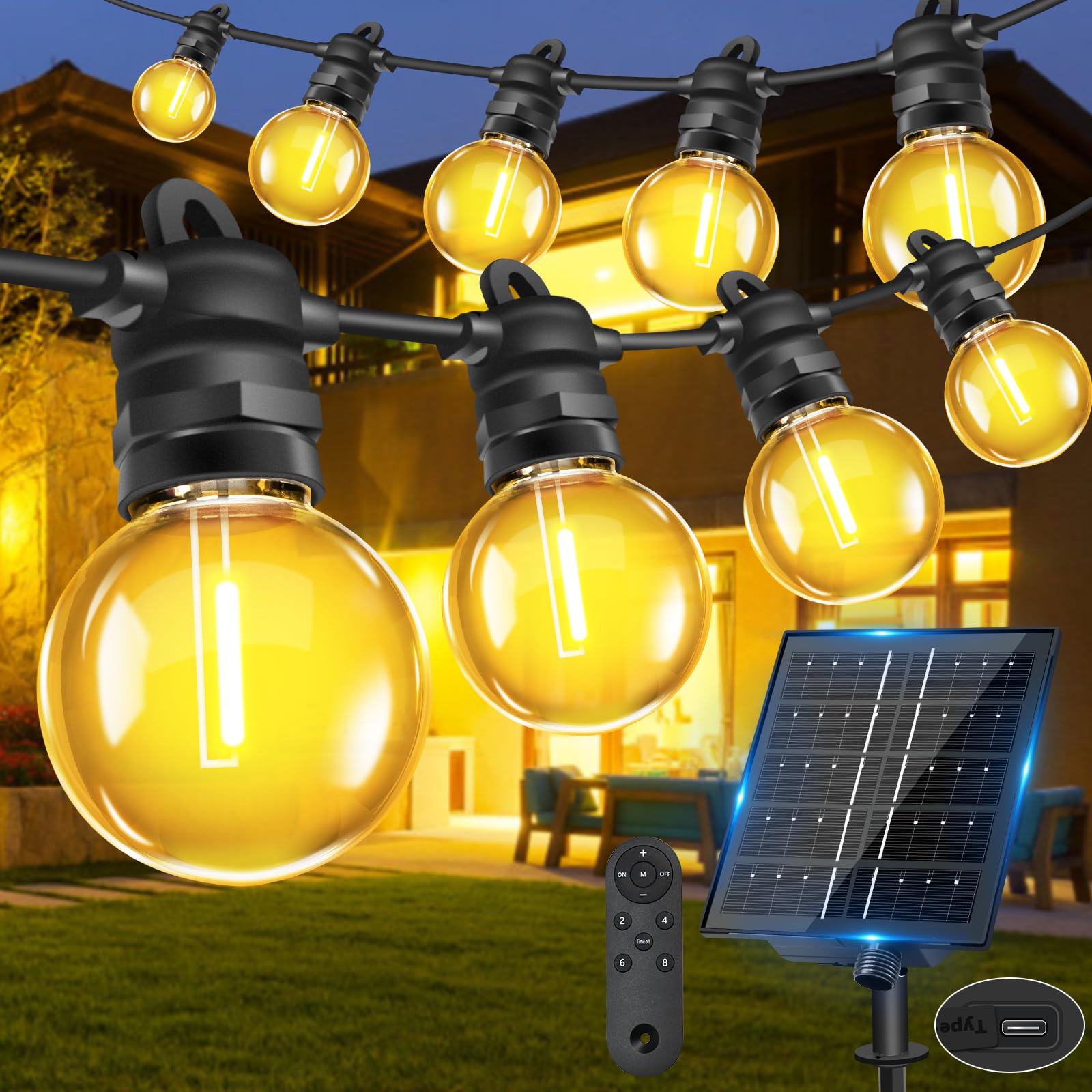 Bowfar Lichterkette Außen Solar, 15M 25+2 G40 Glühbirnen Solar Lichterkette Aussen mit Fernbedienung, IP68 Wetterfest Solarlichterkette 8 Modi Garten Beleuchtung für Balkon Terrasse Party Outdoor Deko