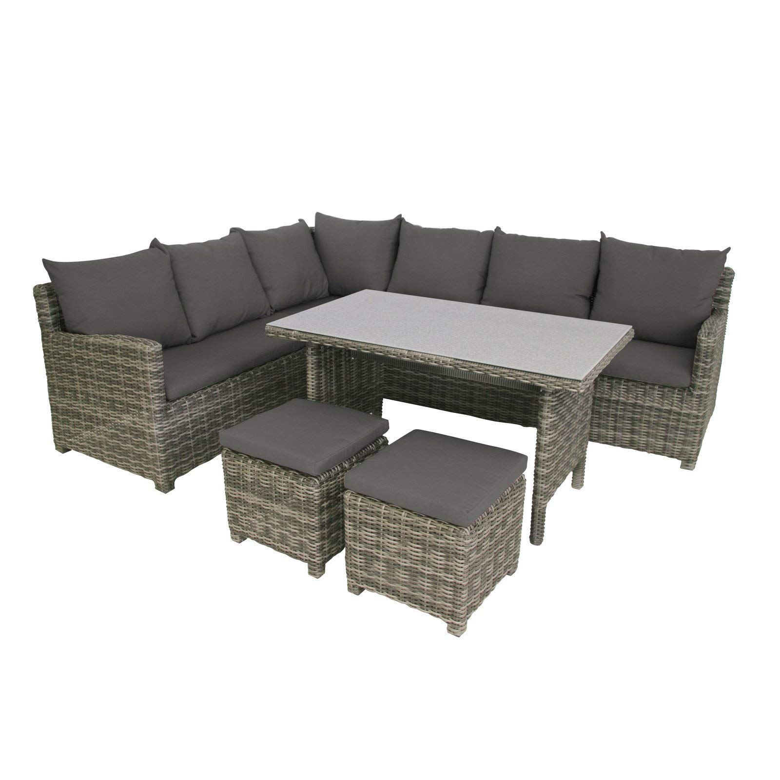 greemotion Salon de jardin anthracite en résine tressée 6 places Miami– Salon de jardin modulable avec table haute de jardin design et 2 poufs extérieurs - Salon d’été design et robuste